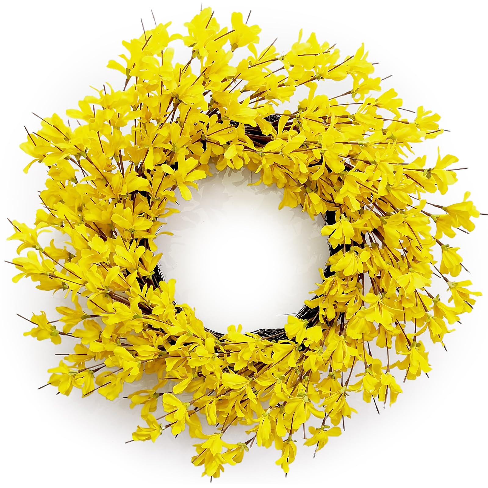 Yellow Forsythia Door Wreath Huashen 24 Inch Spring Front Door Wreath Blossom Cluster Flower Farmhouse Wreath on Grapevine for Christmas Celebration Front Door Wall Window Decoration Hanging