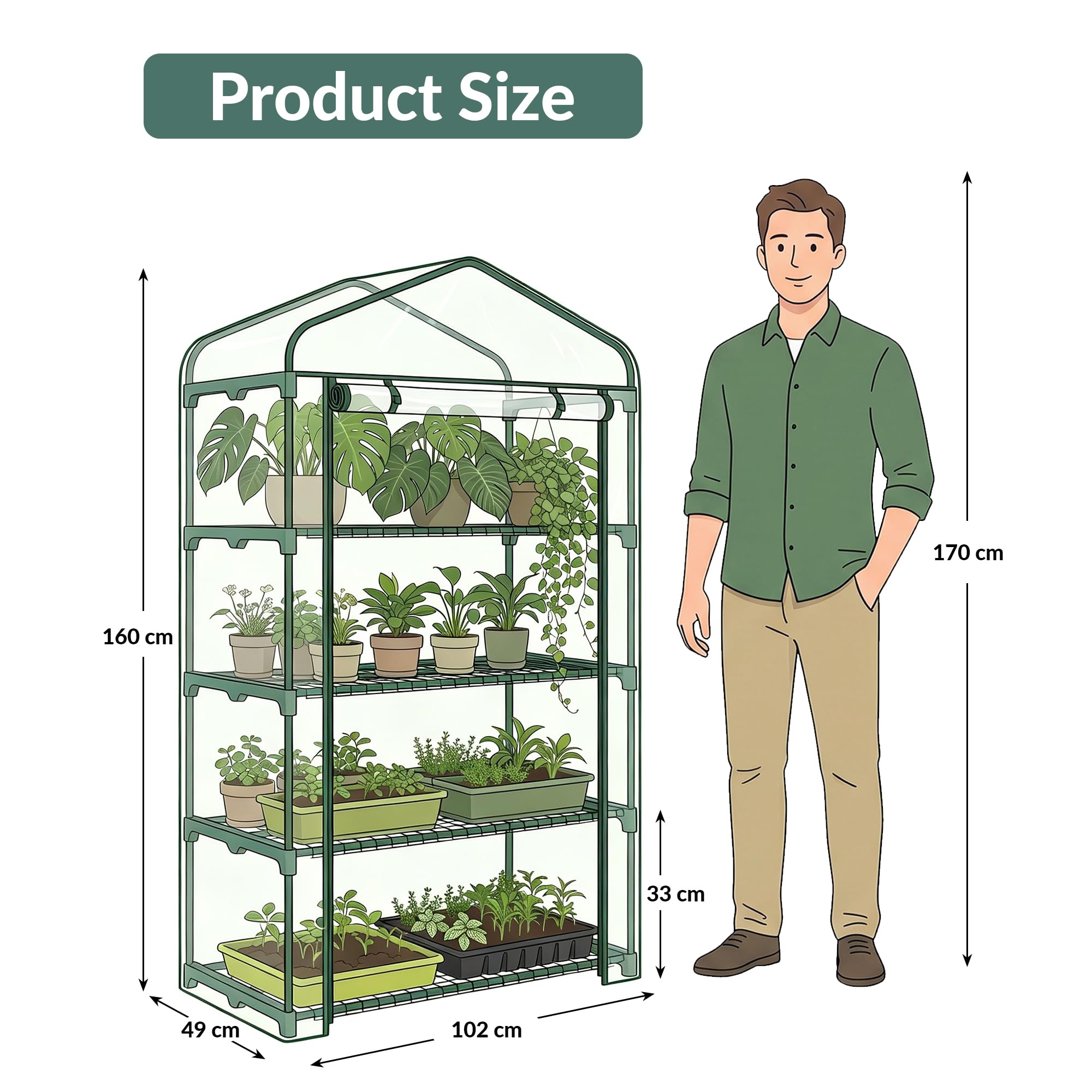 Mini Serre de Jardin 4 Niveaux 102x160x49 cm Couverture PVC Transparente Épaisse,Étagères Démontables,Serre Potager pour Légumes,Semis Serre Tomates de Jardin Exterieur Anti Insectes