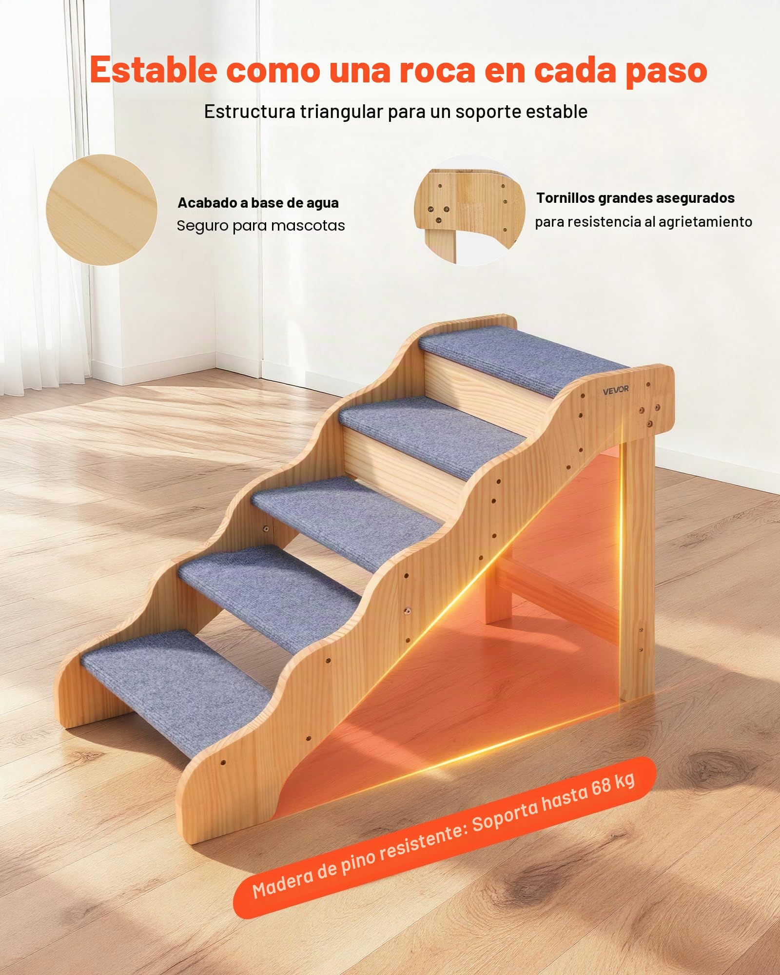VEVOR Escalera para Perros de 910 x 430 x 630 mm, 5 Peldaños, de Madera, para Mascotas Pequeñas, Medianas, Grandes y Mayores, Así como para Cachorros de hasta 68 kg, para Camas, Sofás y Coches