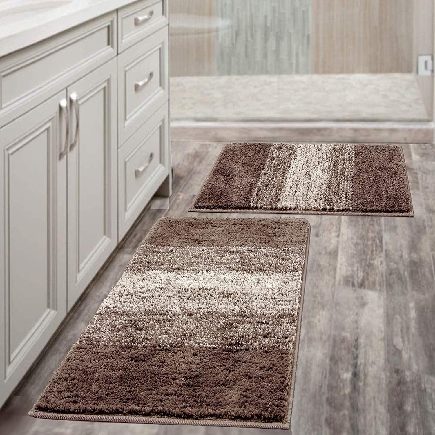 Vaukki Luxury Soft Bathroom Rugs Set of 2, Non Slip Washable Plush Bath Floor Mats, Microfiber Shaggy Absorbent Striped Bath Carpet for Tub, Bathroom and Shower (18''x26''+20''x32'', Coffee) 18''x26''+20''x32'' Coffee