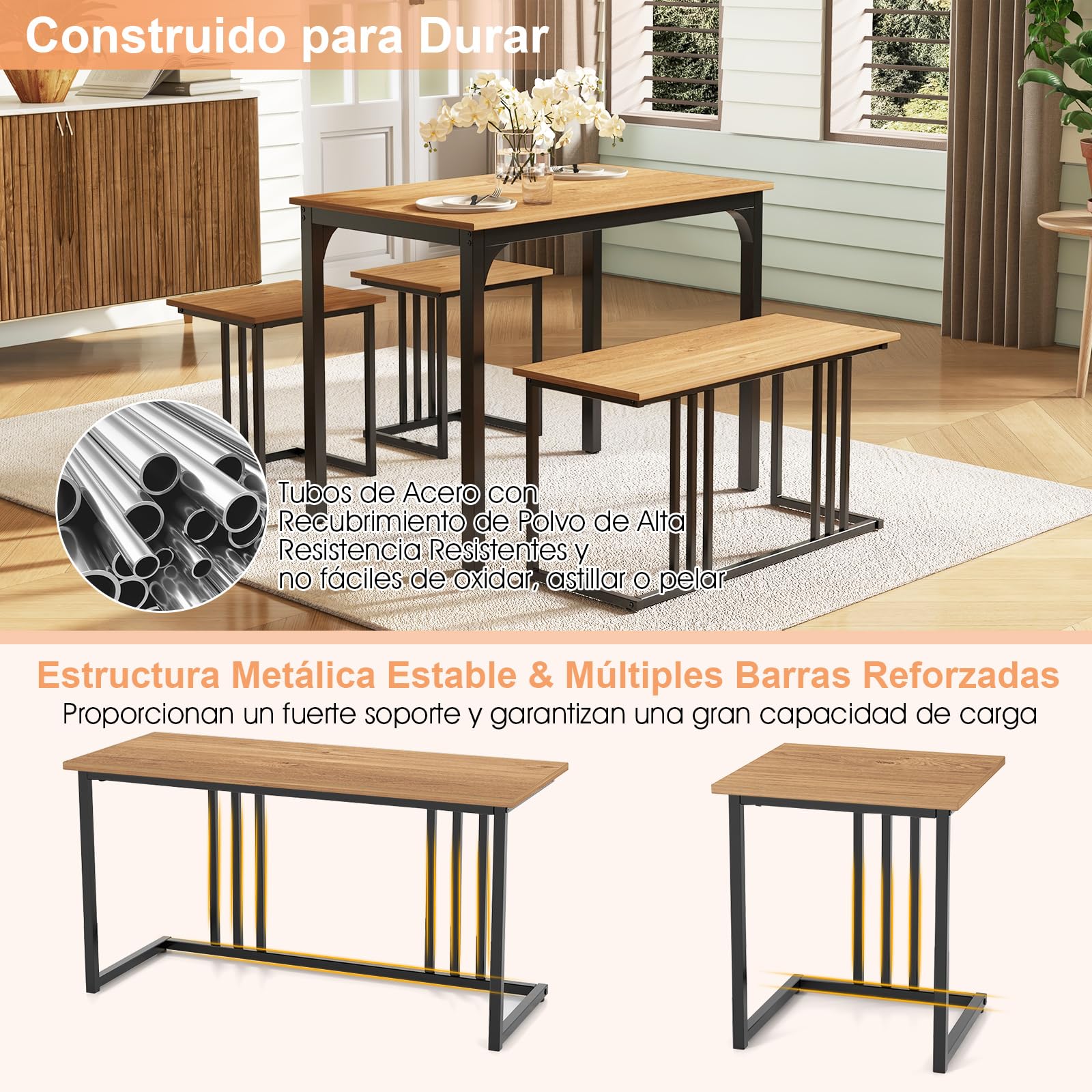 COSTWAY Juego de Mesa de Comedor de 4 Piezas, Mesa de Comedor Industrial con Banco y 2 Taburetes para 4 Personas, Mueble de Comedor, Estructura metálica, Restaurante, Bar (Natural)
