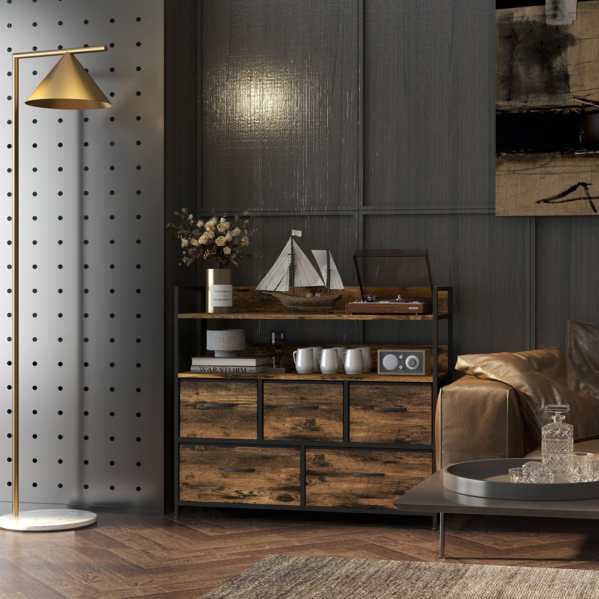 HOMCOM Commode avec 5 Tiroirs en Tissu Pliables, Brun Rustique | Commode Chambre, Meuble de Rangement, Étagères Ouvertes, Plateau, Cadre en Acier, Style Industriel, pour Chambre, Salon