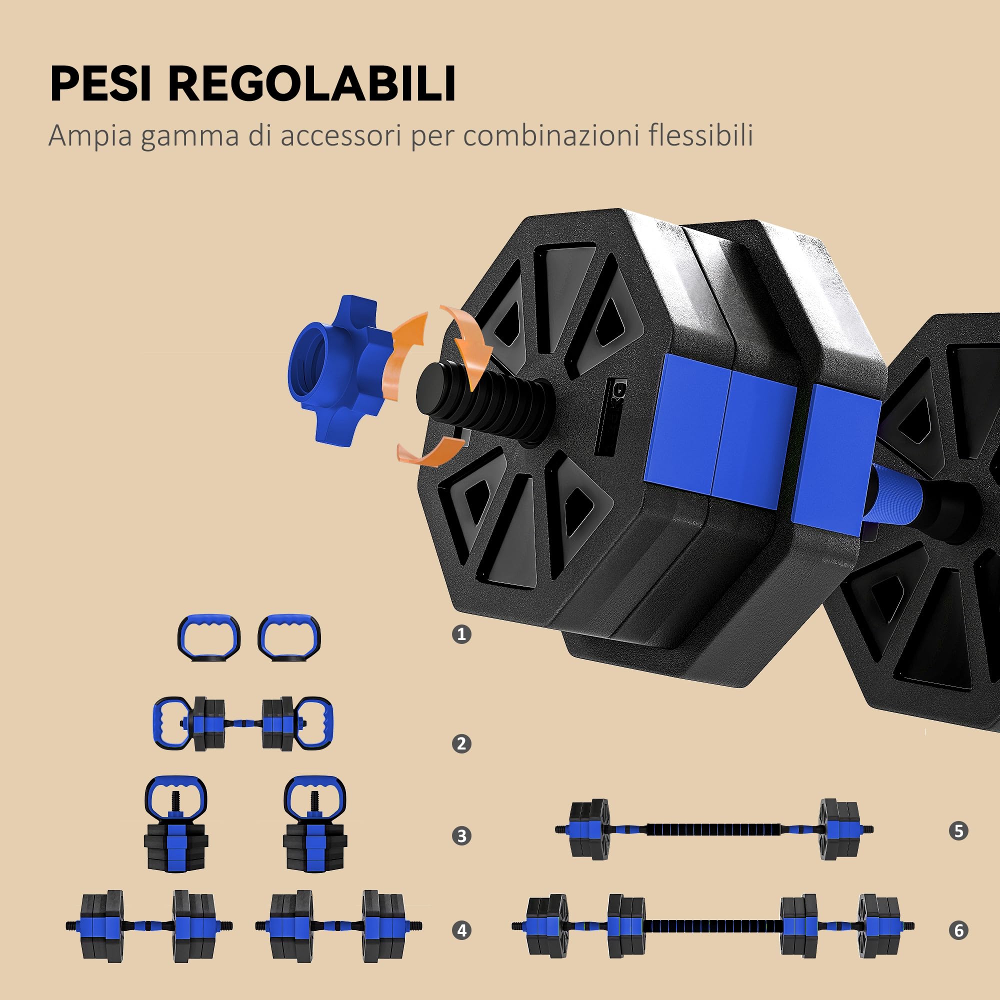 SPORTNOW Set Pesi da Palestra 6 in 1 da 20kg Totali in Plastica e Sabbia, Set Manubri Regolabili Utilizzabile come Kettlebell, Manubri, Bilanciere e Supporto per Flessioni, Allenamento a Casa