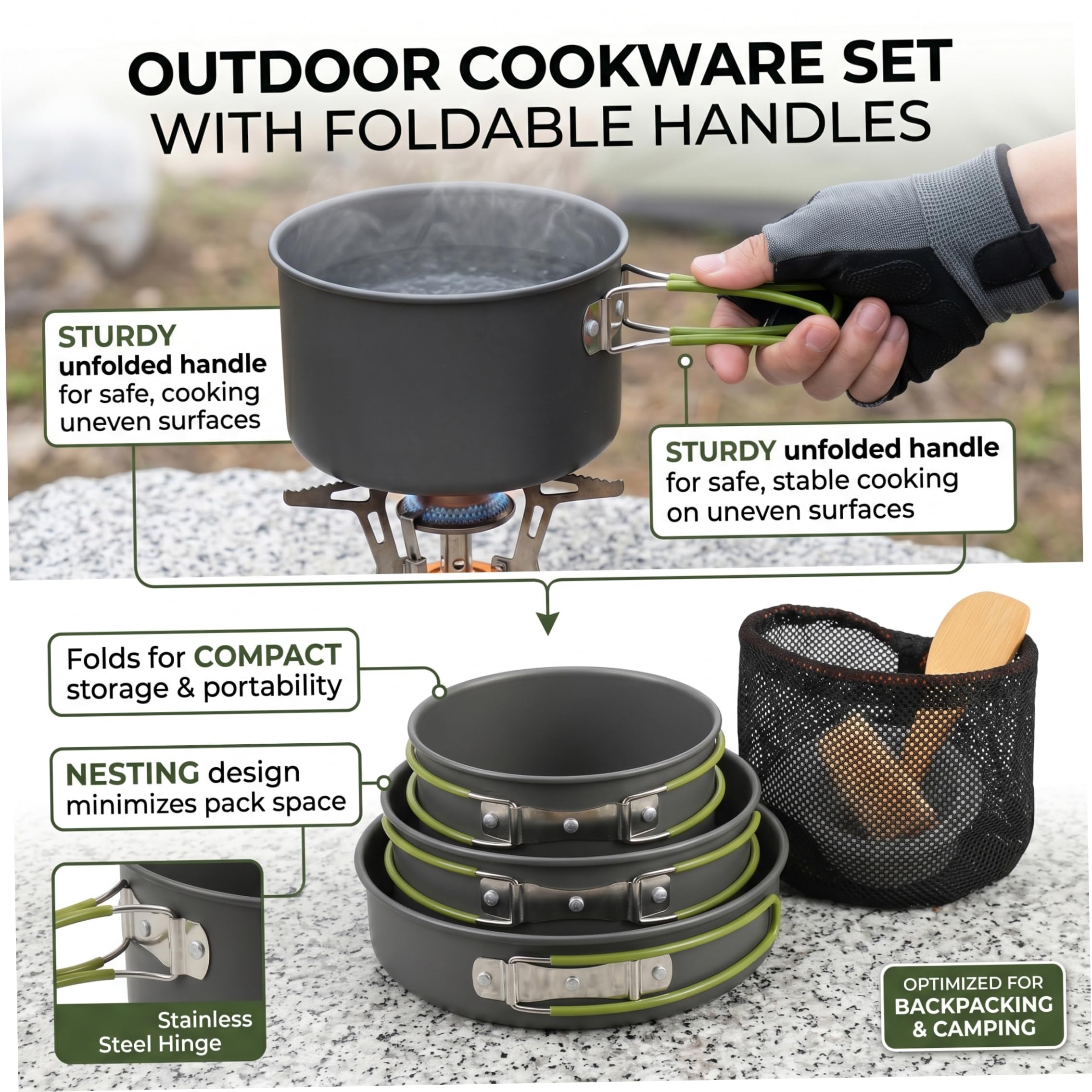 Set di pentole da campeggio da campeggio, set da cucina portatile per 2-3 persone, pentole e padelle in alluminio leggero con manici pieghevoli per escursionismo, picnic, pesca all'aperto