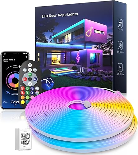 Nexillumi Tira de luces de neón RGB de 32.8 pies, cuerda de luces LED flexibles con control remoto, IP67 impermeable, modo de bricolaje, tira de