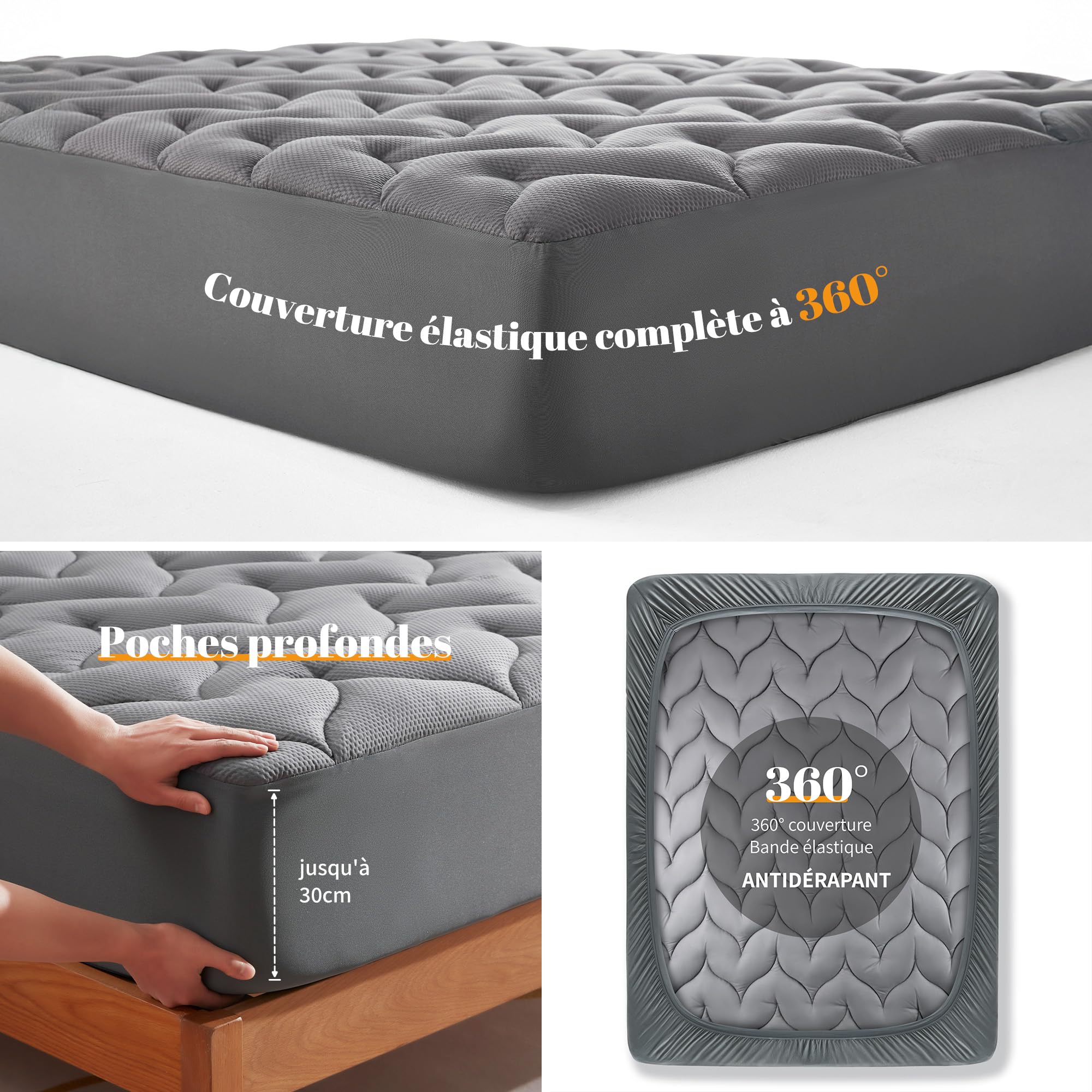 Sonive Protège-Matelas, 180 x 200 cm, pour sur-Matelas jusqu'à 30 cm, Certifié Oeko-Tex, Gris