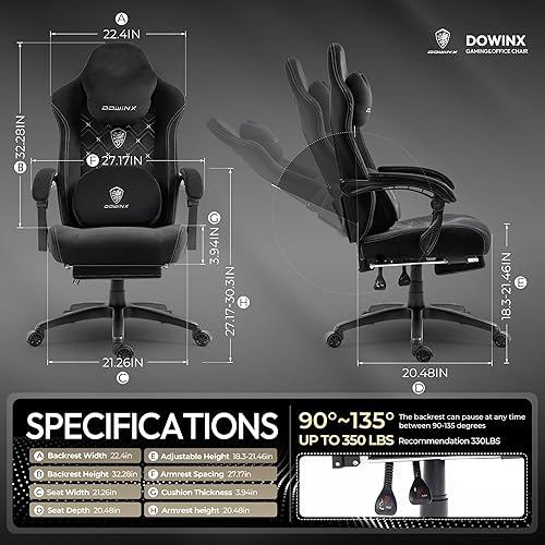 Miniatura 2 de Dowinx Silla de juegos de tela con soporte lumbar de masaje térmico, sillas de juego para adultos, silla de juego grande y alta con cojín de resorte