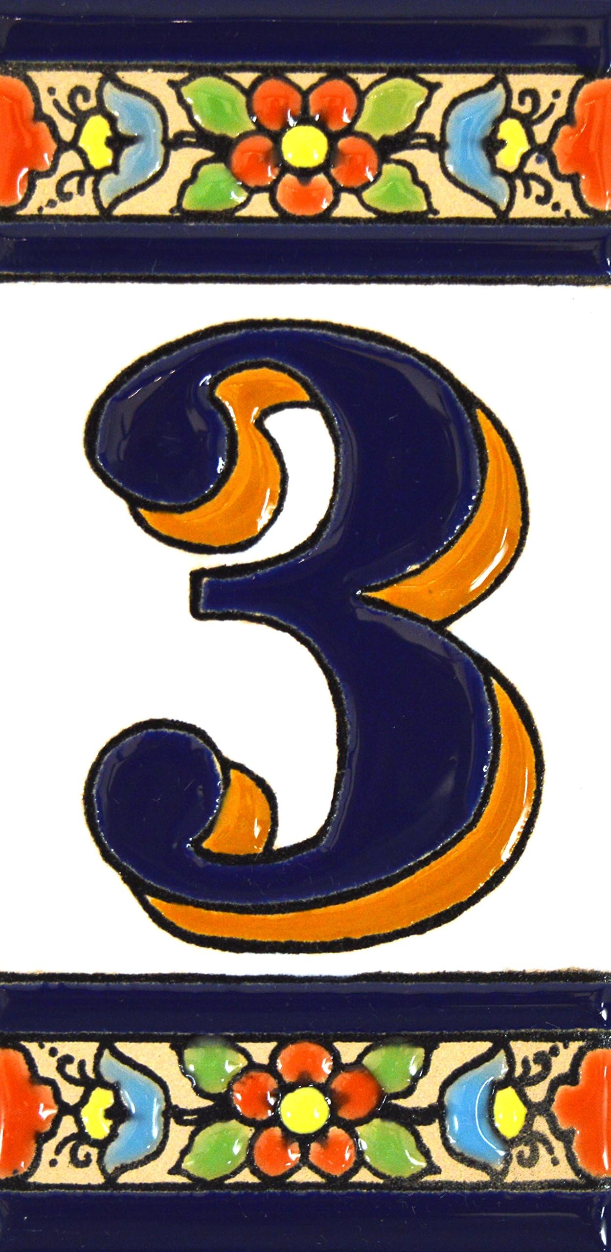 House numbers 4 inch. Handpainted house number tiles for signs, addresses and names. Address numbers for houses. House address numbers and letters. Design FLORES MEDIANO 4,29" x 2,13" (NUMBER 3)
