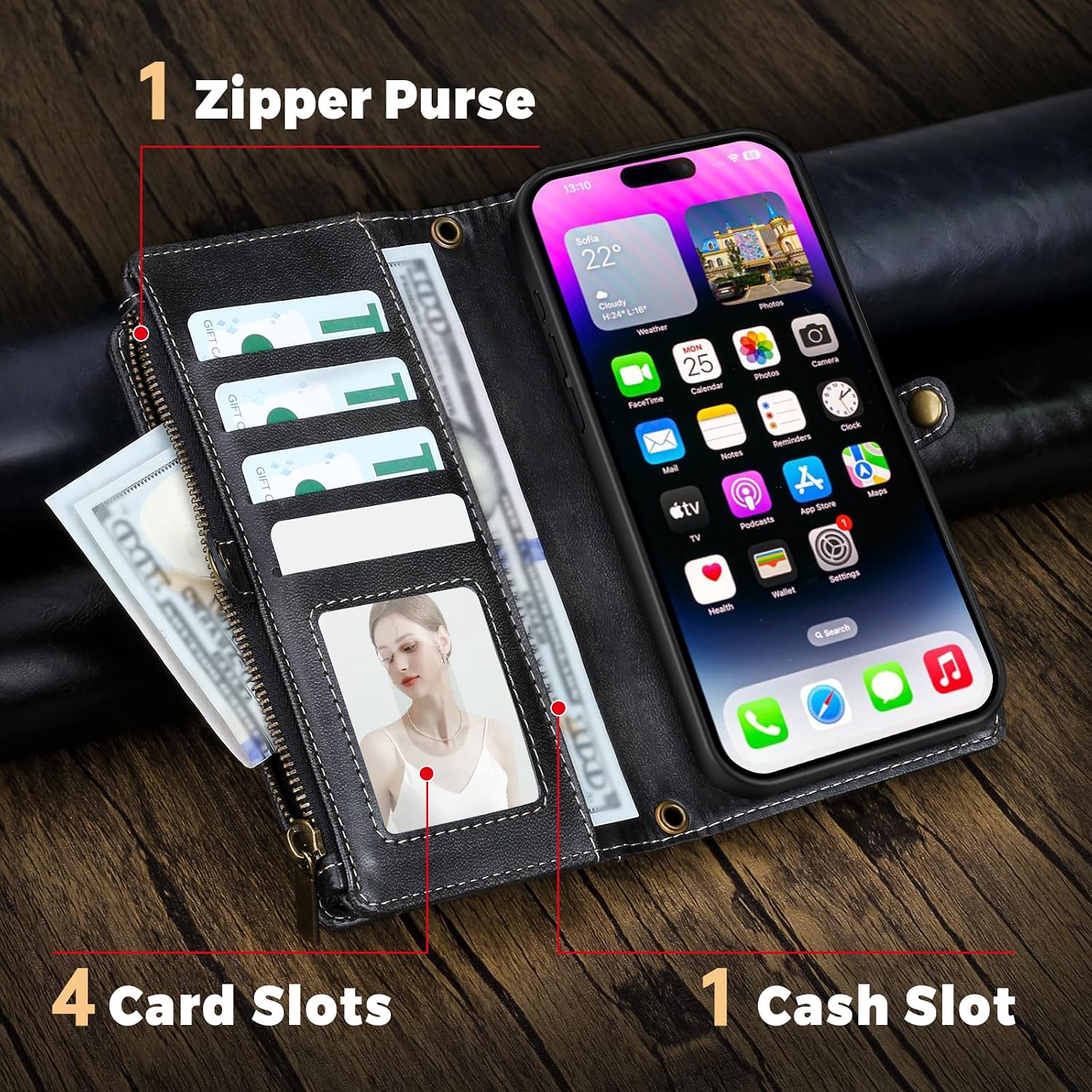 for iPhone 16 Wallet Case(Holds Lipstick, Headphones, etc.),2-in-1 Multi-Functional Portable Magnetic Faux Leather Phone Case with RFID Blocking,Shoulder Strap and Wrist Strap(Black)