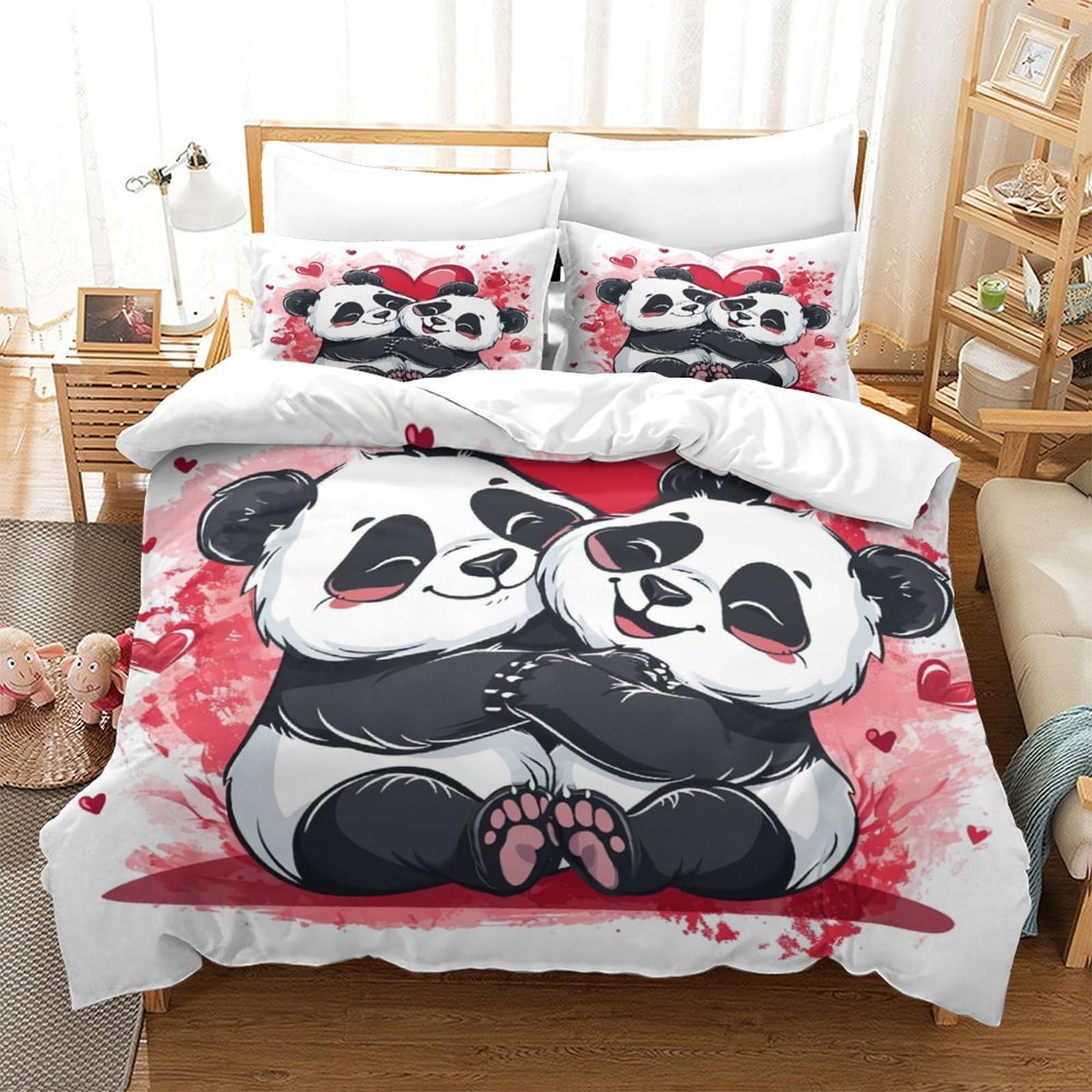 Pärchen Pandas 3D-Gedruckter Bettwäsche-Set Mit Bettbezug-Set Bedruckt Für Kinder Teenager ErwachseneTagesdecke Bezug Mit Weich Leicht Panda-Geschenk Duvet Cover 3-Piece König（220x240cm）