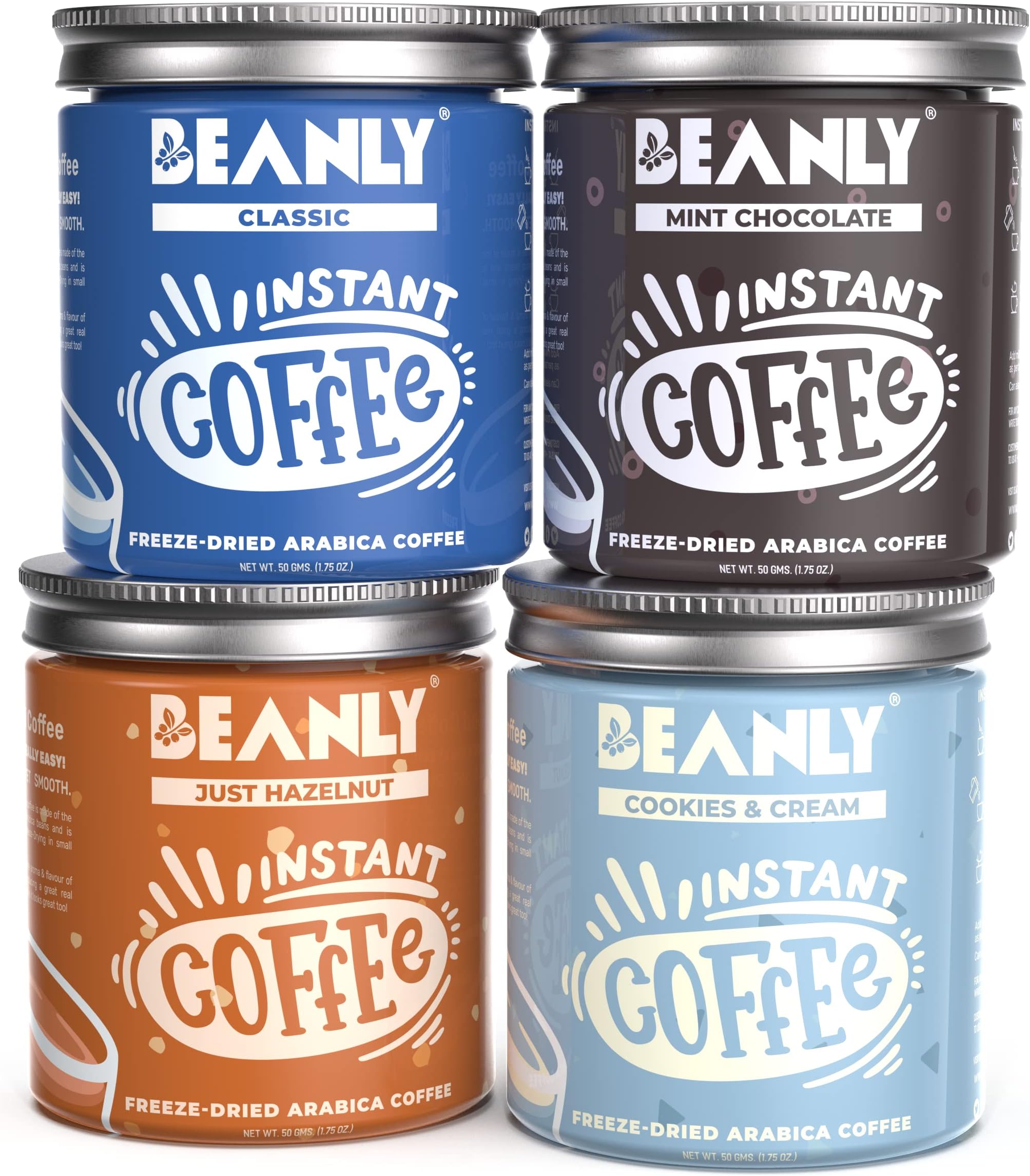 Beanly Premium Instant Coffee Assorted Box - 200g, 4 Flavours - Classic/Cookies & Cream/Just Hazelnut/Mint Chocolate, Makes 120 Cups, Ready in Seconds, Best Flavoured Instant Coffee