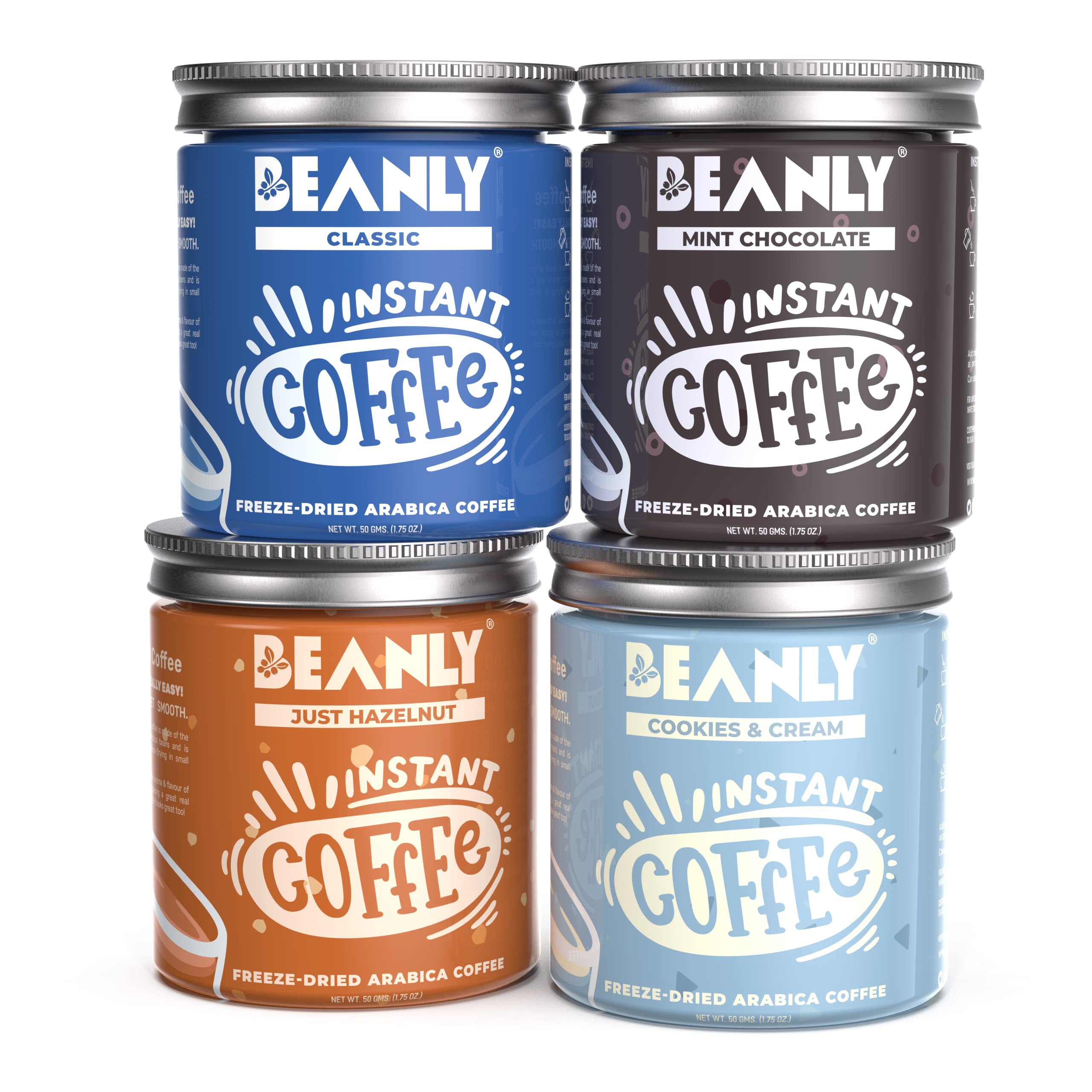 Beanly Premium Instant Coffee Assorted Box - 200g, 4 Flavours - Classic/Cookies & Cream/Just Hazelnut/Mint Chocolate, Makes 120 Cups, Ready in Seconds, Best Flavoured Instant Coffee