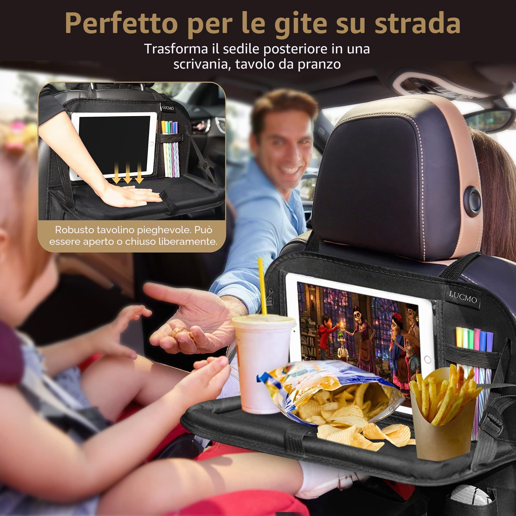 LUCMO Organizer per sedile posteriore con supporto per tablet, 6 tasche portaoggetti portaoggetti per auto con vassoio pieghevole per alimenti, protezioni per sedili auto, accessori da viaggio
