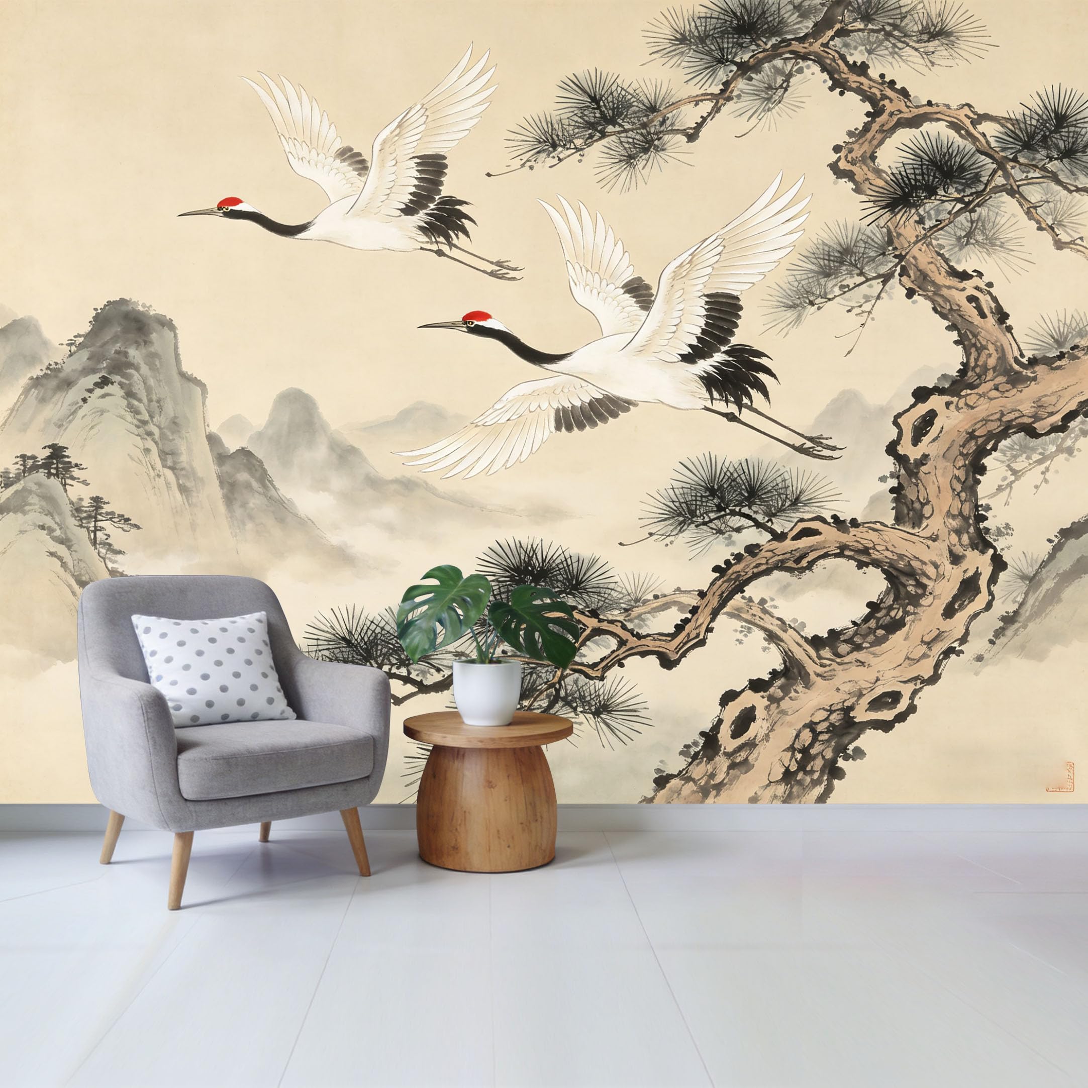 Qzlithotic Yq2605250086 Custom Size Wall Mural Traditional Oriental Crane Bird Flying Under Pine Tree Landscape Oil Painting Style Selfadhesive Wall Fabric Removable Wallpaper For Home Office Decor