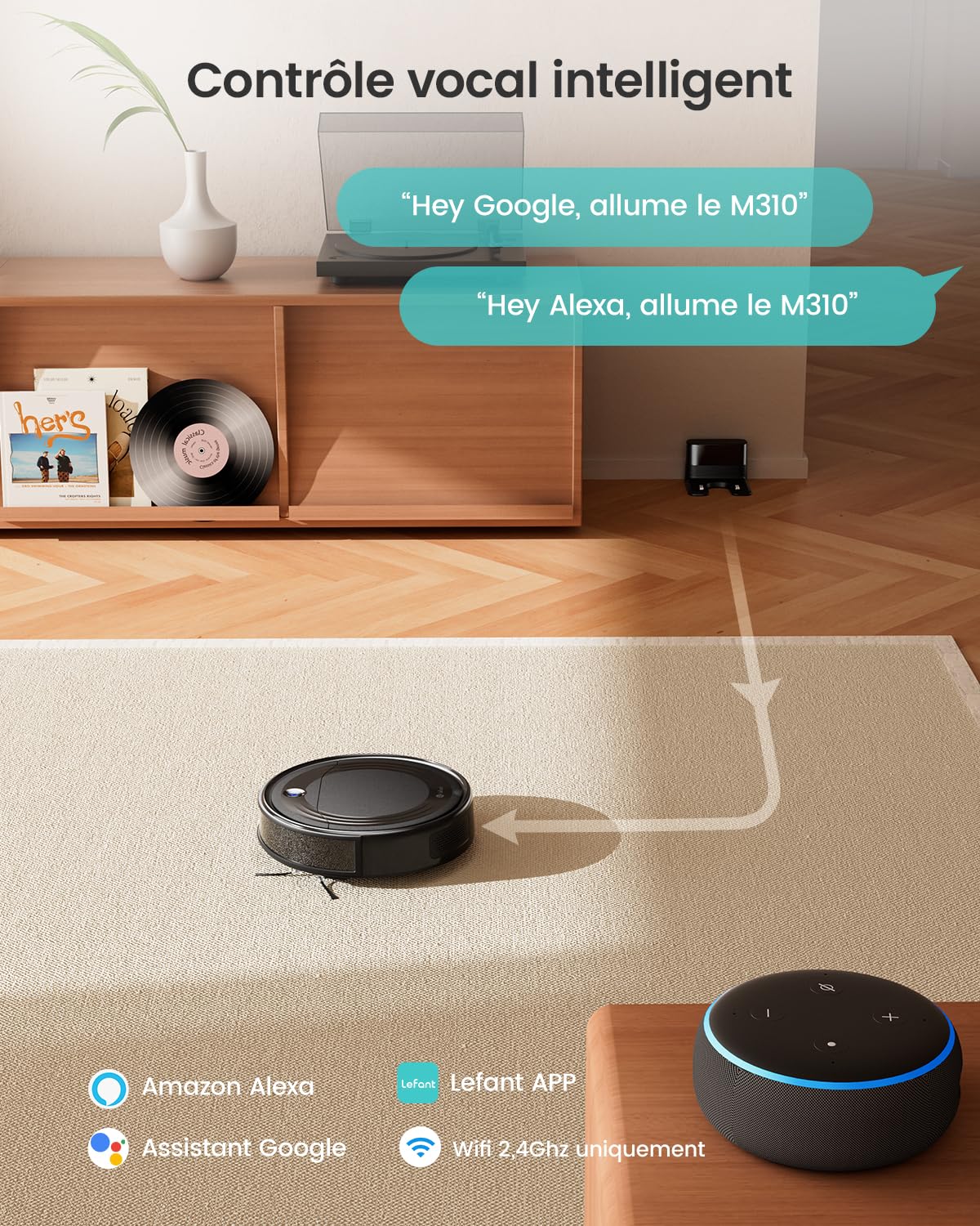Lefant Robot Aspirateur M310 avec Navigation Précise, 4500 Pa, Autonomie de 150 Min, Filtre HEPA, Compatible Wi-FI, Idéal pour Poils d'animaux, Tapis et Sols Durs