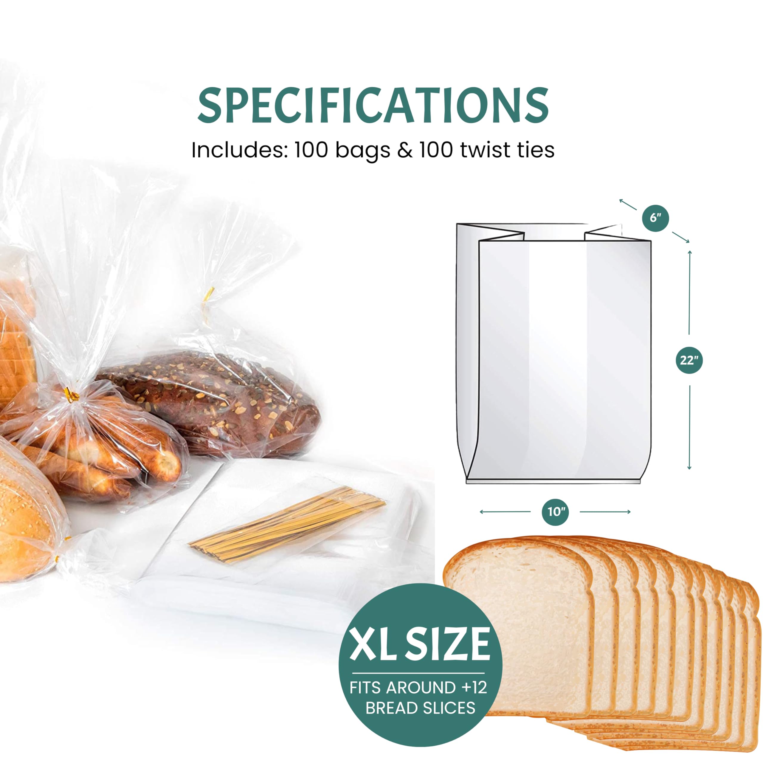 Bolsas de pan de plástico reutilizables para uso casero, paquete de 100 bolsas transparentes con lazos para una conservación y almacenamiento herméticos sin humedad, panaderos caseros (grande 10 x 6 x