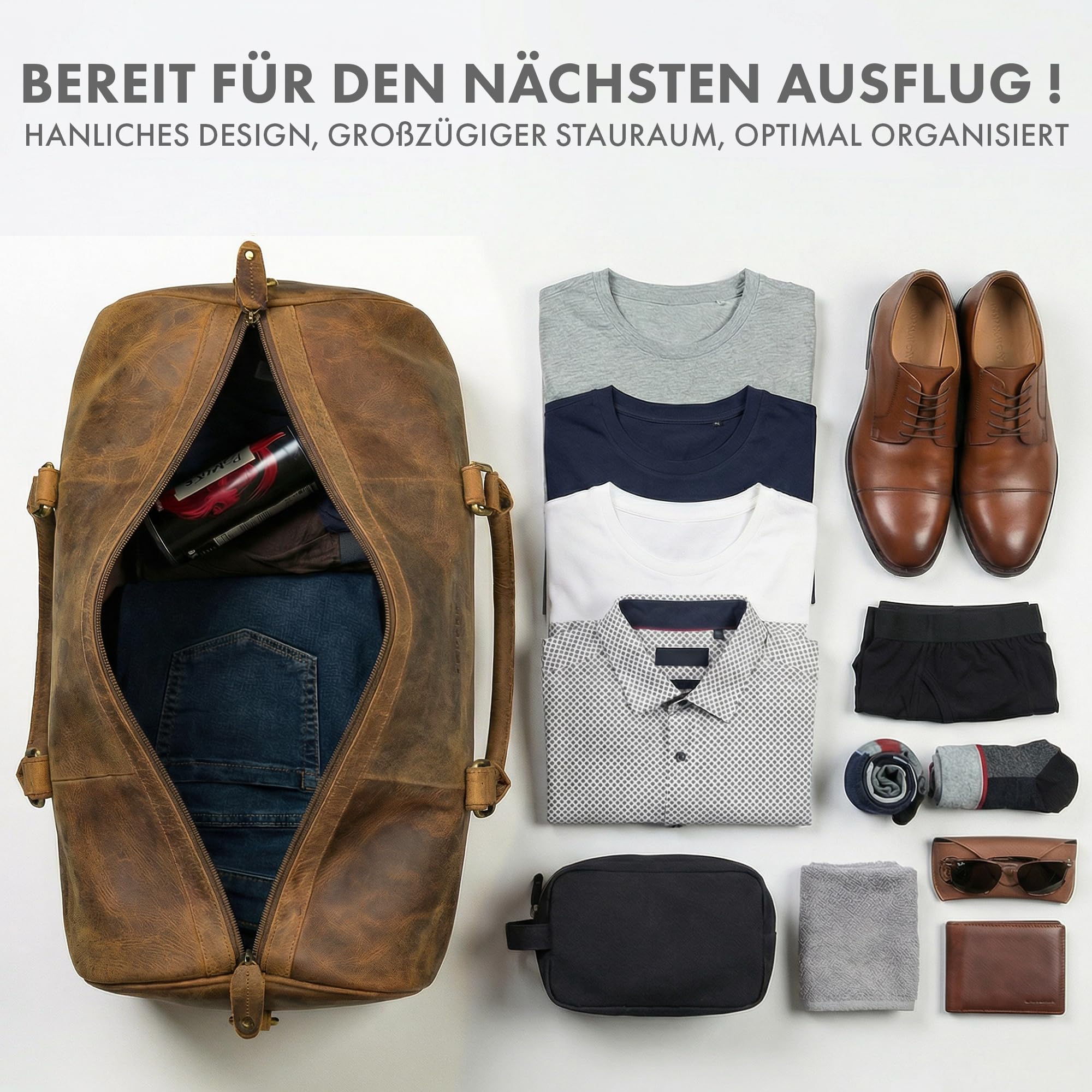 ROYALZ Palermo Echtleder Weekender Herren Leder klein zum Umhängen - Kleine Reisetasche Handgepäck Größe für Kurztrips Business Reisen und Premium Sporttasche;Farbe:Nevada braun