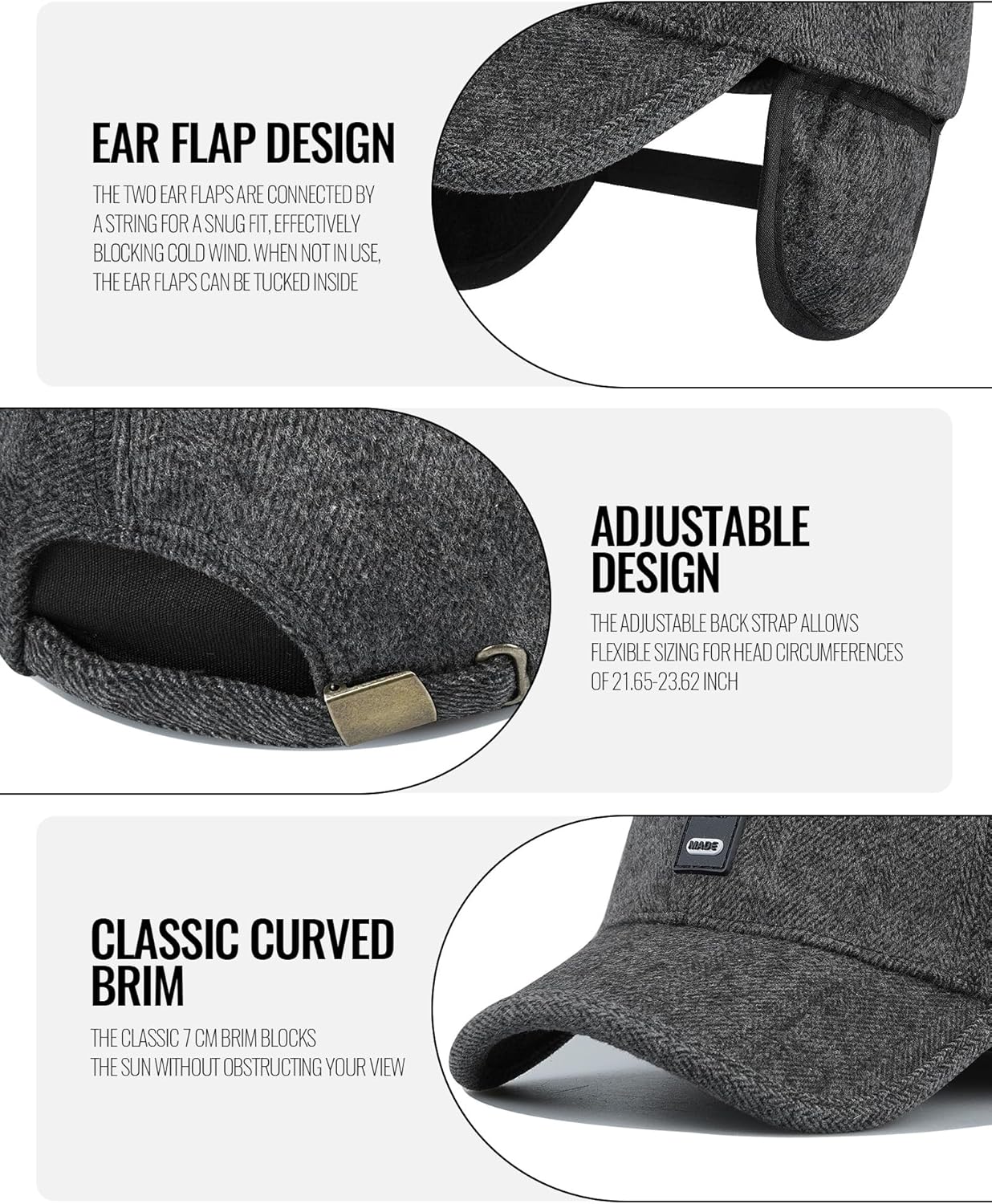 Croogo Wool Baseball Cap Ear Flaps Outdoor Trucker Dad Hat with Fold Earmuffs Warmer Driving Cap Unisex Winter Fitted Hats - Image 5