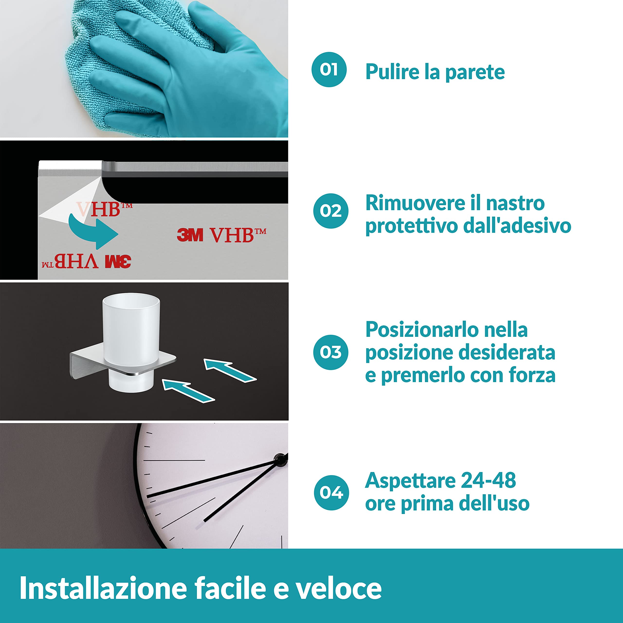 WEISSENSTEIN Portaspazzolini da bagno adesivo 3M - Acciaio inox - Bicchiere portaspazzolini in vetro smerigliato