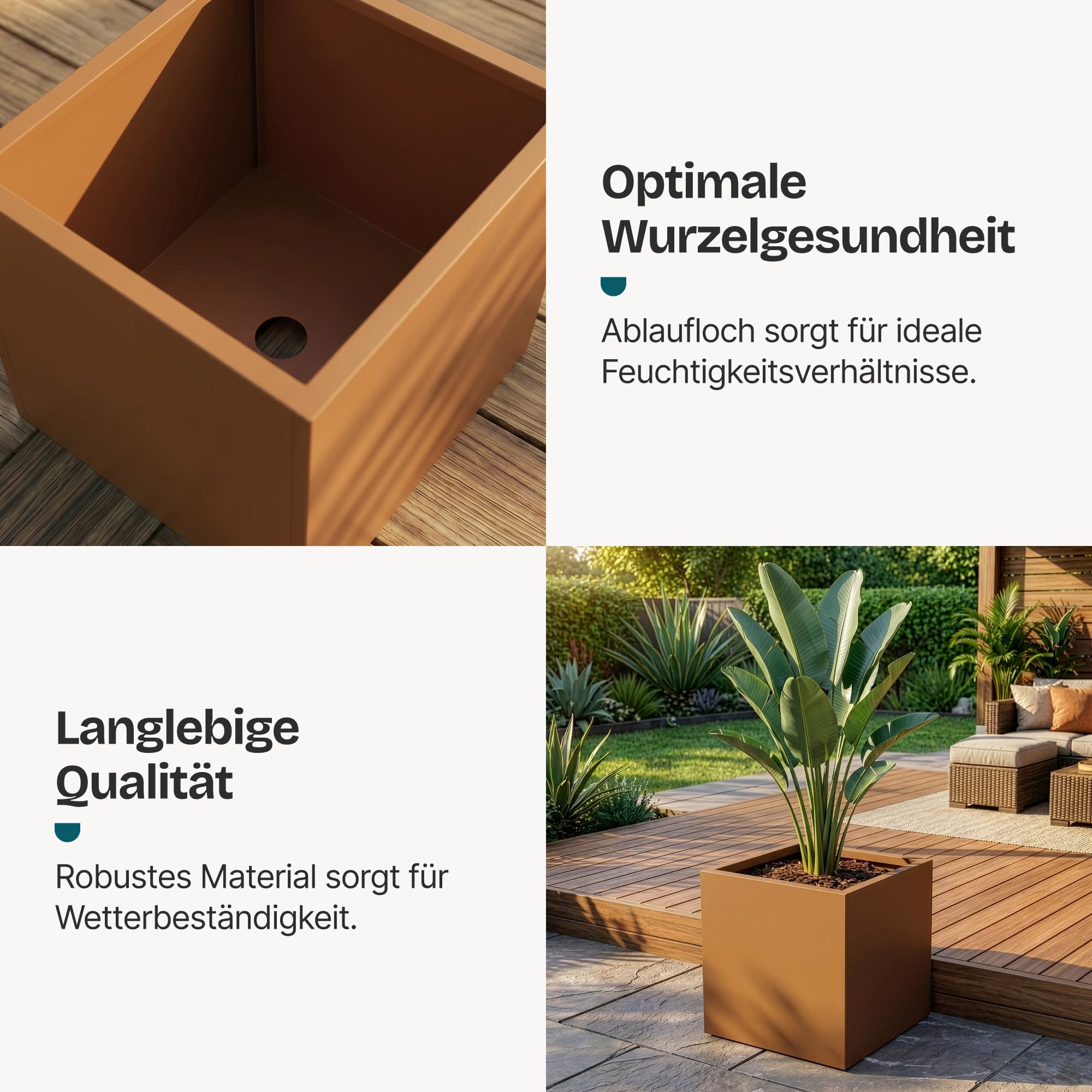 casa.pro Pflanzkübel Vaargel Blumentopf 60 x 60 x 60 cm Pflanzkasten wetterfest Pflanzentopf quadratisch Blumenkübel Outdoor Indoor Blumenkasten verzinkter Stahl Braun