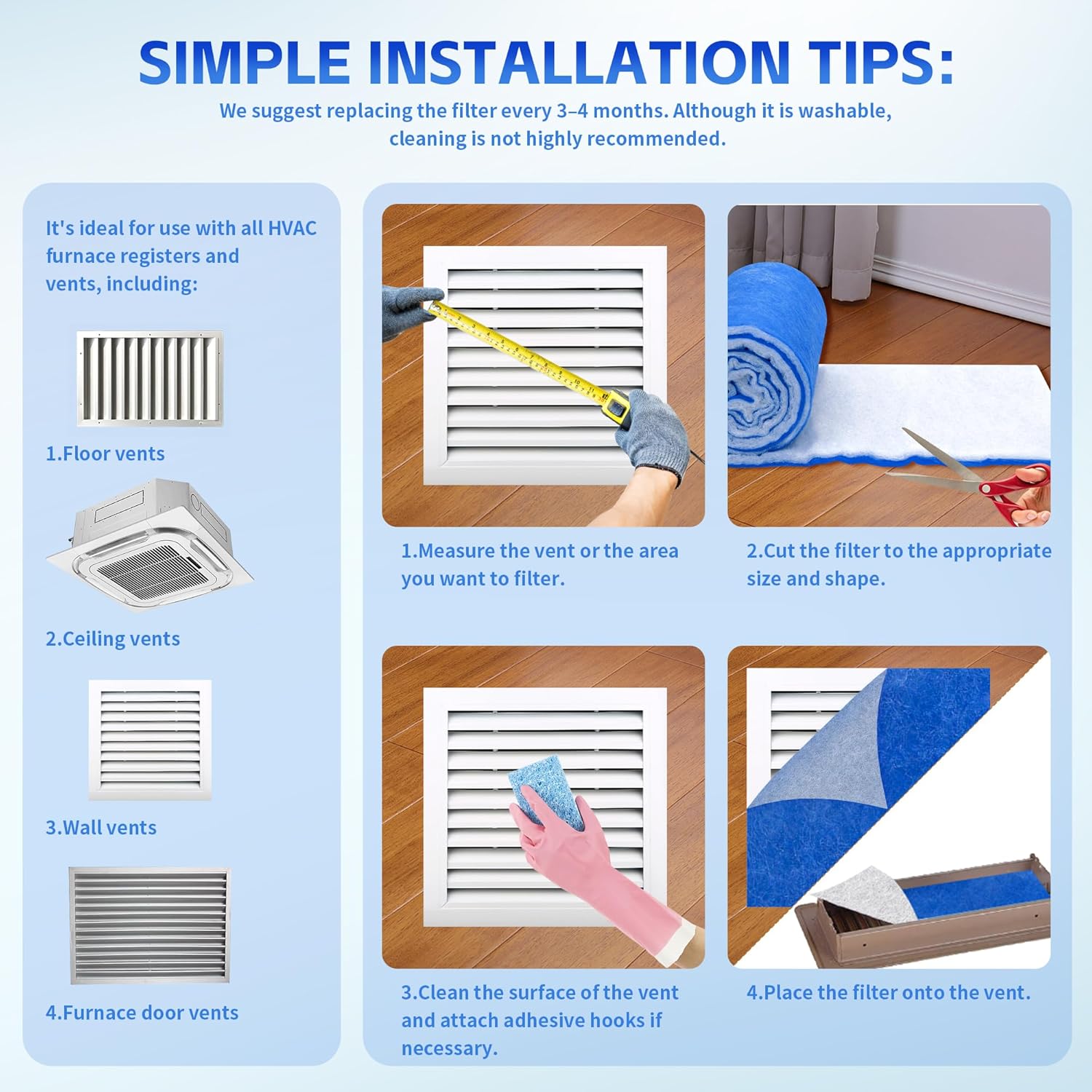 Custom Size Air Vent Filters – 12”x120” Electrostatic Filter Roll with MERV 8 Rating & Hook Tape, Makes 30+ Vent Covers for Home Floor, Grilles, Ceiling, HVAC Furnace Vents - Image 3