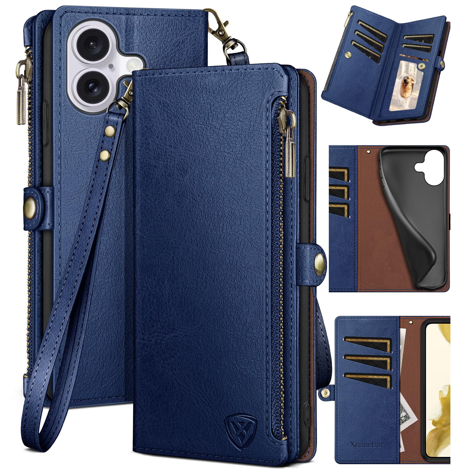 XcaseBar Compatible with iPhone 16 6.1" Wallet case with Zipper Credit Card Holder