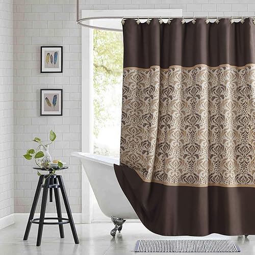 Cortina de ducha de tela marrón, estampado bohemio de cachemira y damasco para baño, cortinas de baño impermeables, 72 pulgadas de ancho x 72