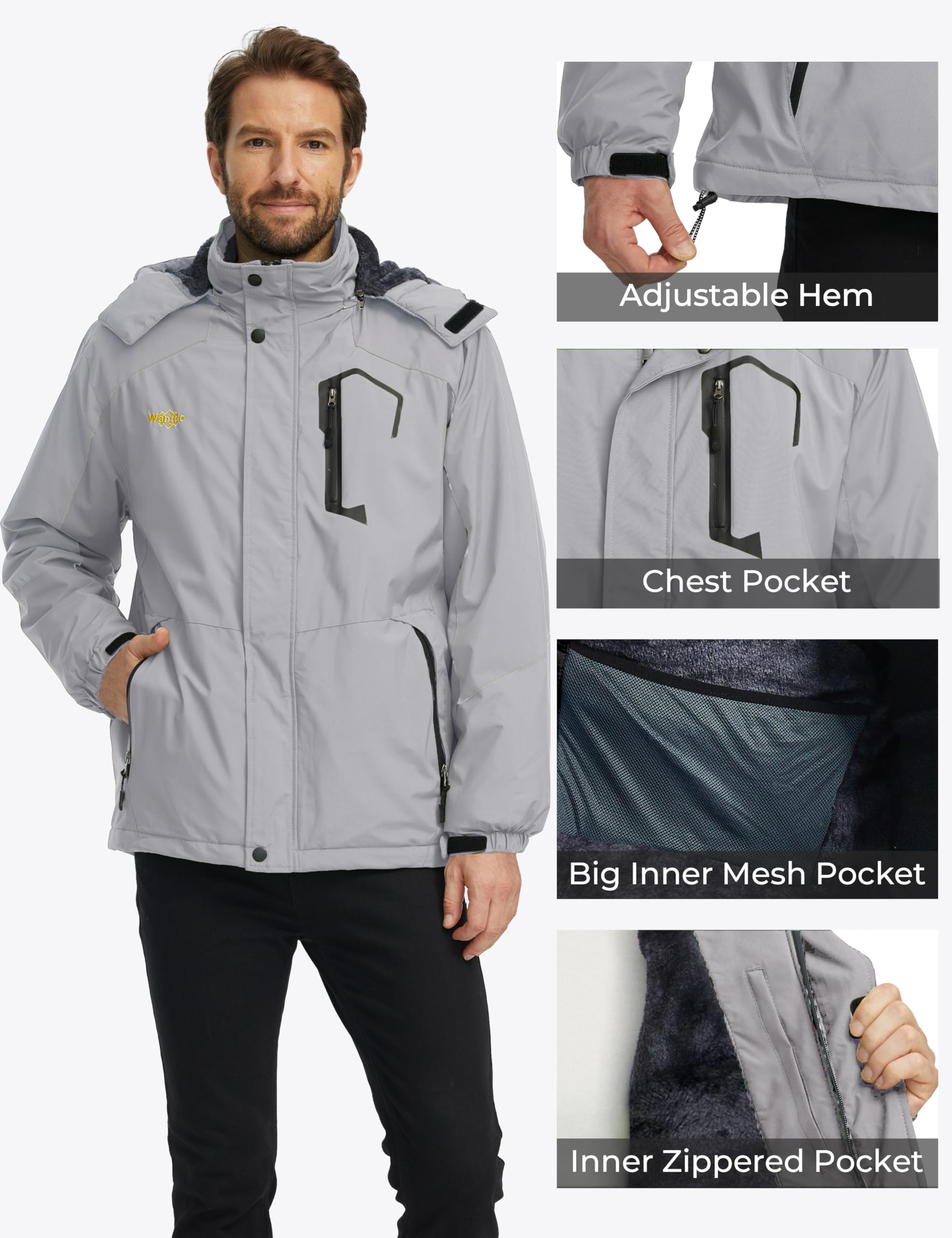 Wantdo Giacca da Sci Montagna Calda Invernale Parka da Neve Imbottita Cappotto da Snowboard in Pile Giubbotto con Cappuccio Impermeabile Uomo