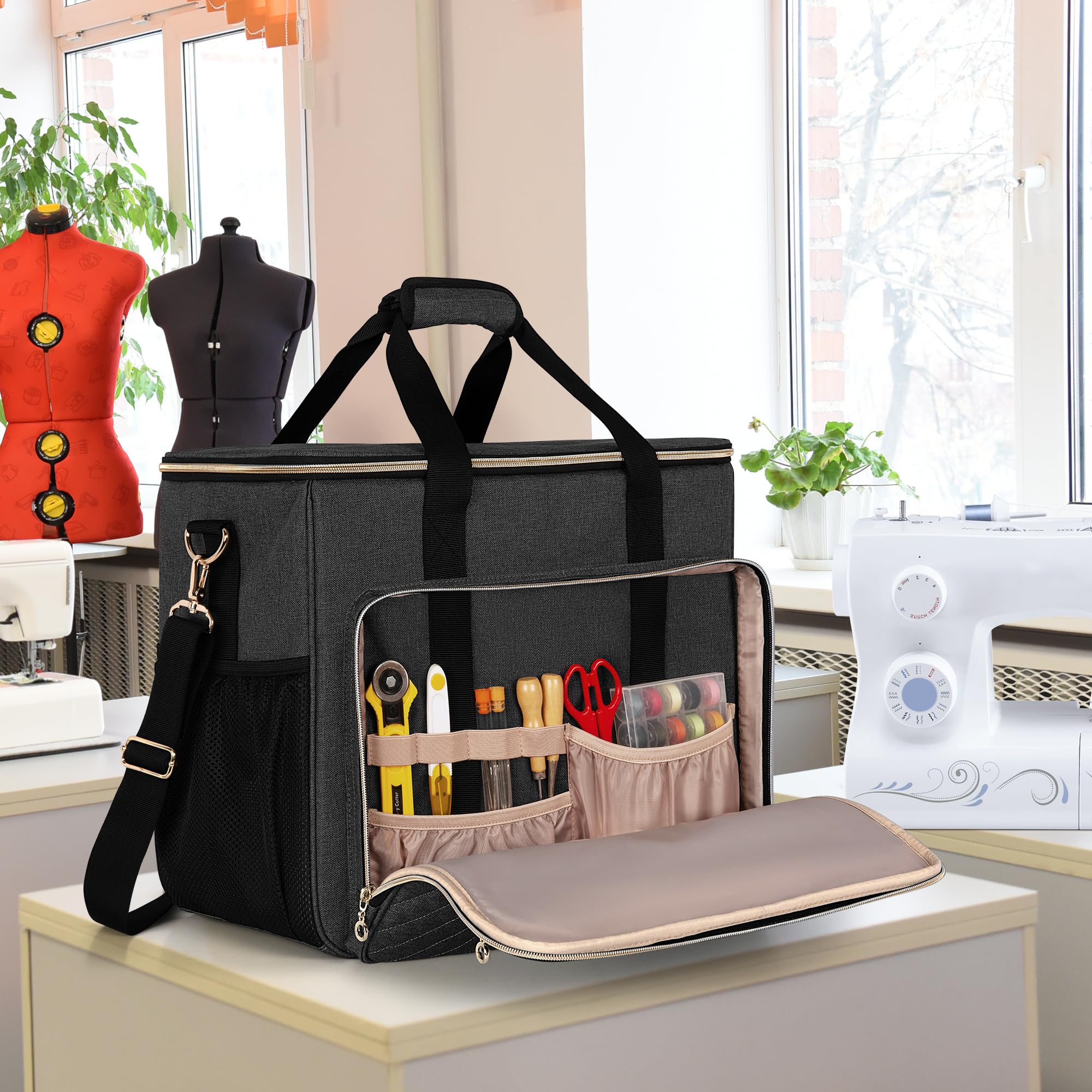 Luxja Bolsa para Máquinas de Coser con Múltiples Bolsillos, Estuche de Máquina de Coser Compatible con Mayoría de Máquinas de Coser Estándar Brother, Singer y Janome, Negro