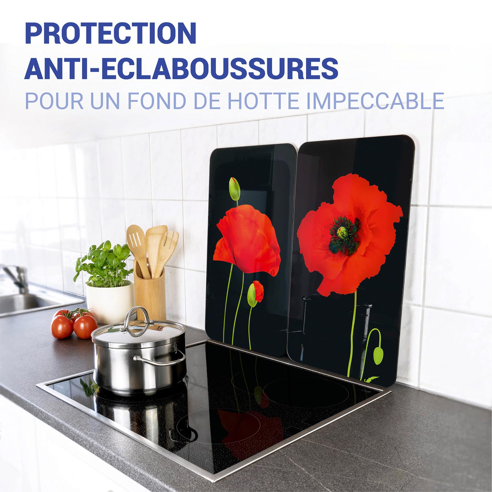 WENKO Plaque de Recouvrement Universelle Mod. Coquelicot, réglable en hauteur pour tout type de cuisinière, planche à découper et protection anti-éclaboussures, verre, 30 x 52 cm, 2 pièces