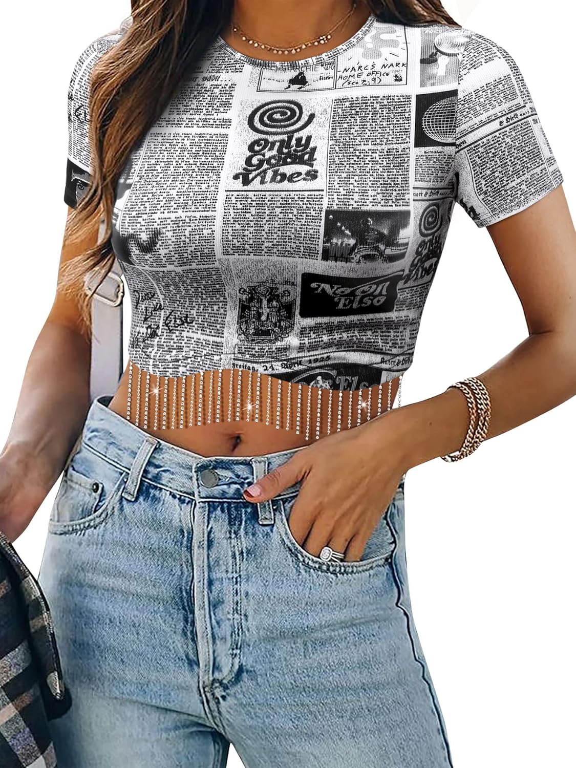 Nlife Womens Nashville Sparkly Glitter Fringe Short Sleeve Cropped Top Raceback Ribbed Crop Tank Tops with Rhinestone Tassel