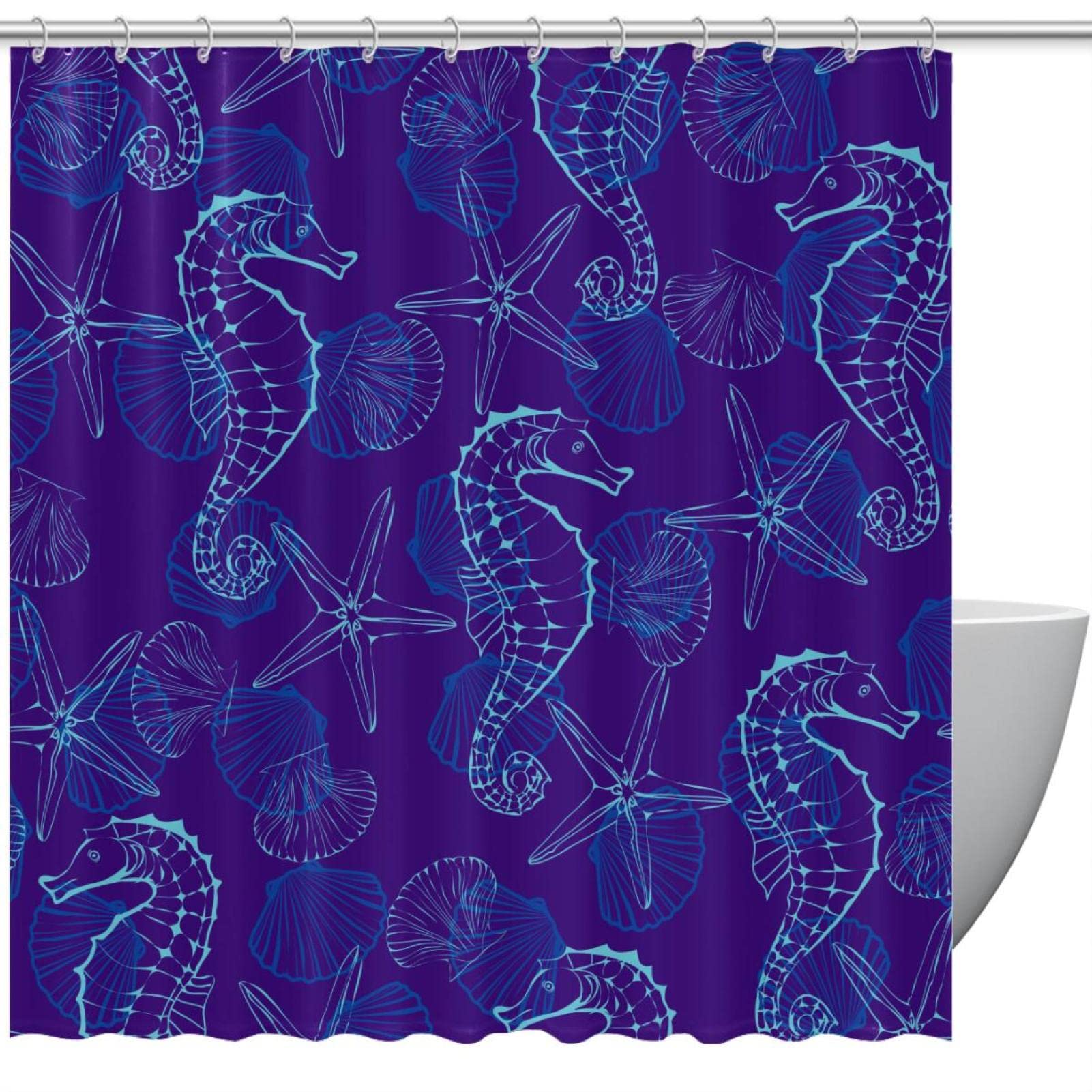 Rideau de douche 152 x 183 cm imperméable lavable bleu marine hippocampe