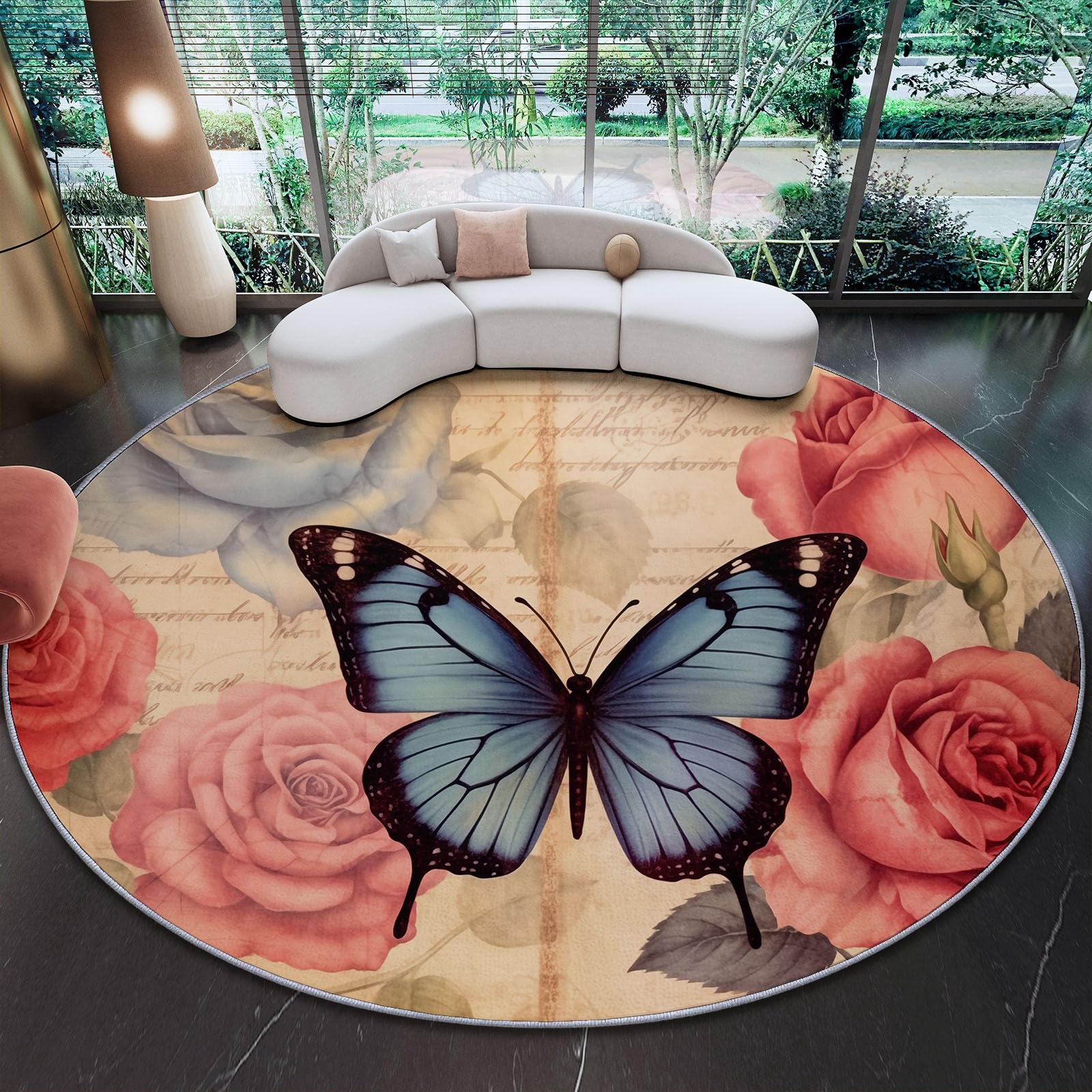 Flauschiger Runder Teppiche Runder 140 cm, Weicher Plüsch Teppich für Schlafzimmer Wohnzimmer - Art Déco Vintage Blumenmuster Schmetterling Bedruckter Kinderteppich Kuscheliger Teppich Beige