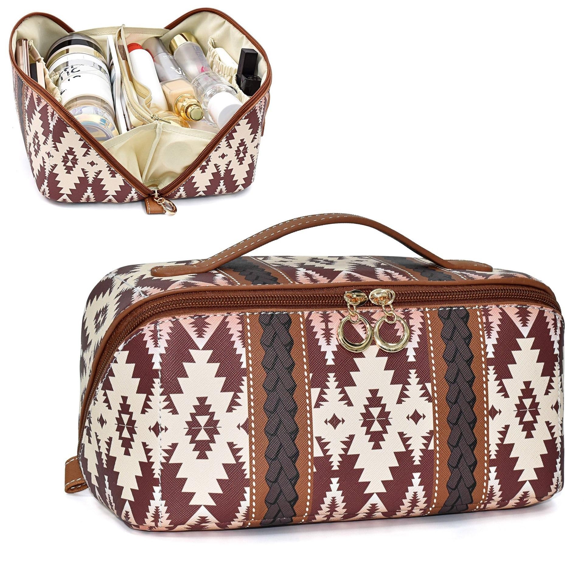 Neceser Maquillaje Bolsa de Maquillaje Estilo Bohemio con diseño de Bloques de Colores, versátil y Abierta con Divisor. Viaje(Light Brown)