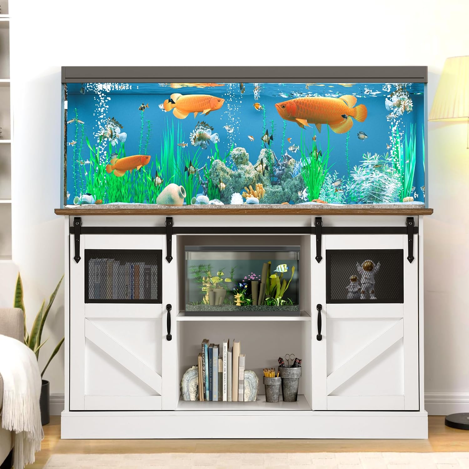 55-75 Gallon Aquarium Stand with Power Outlet, Metal Frame Fish Tank Stand with Cabinet Storage and Barn Door, Heavy Duty Reptile Tank Stand, 52" L x 19.7" W Tabletop, 1300LBS Capacity (White)