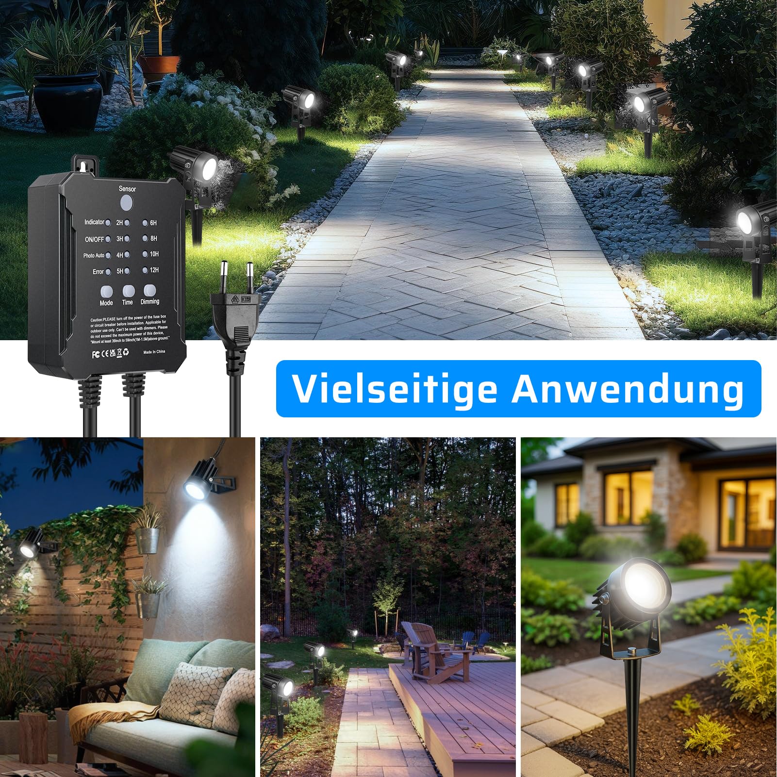 LightingWill Zewnętrzne oświetlenie ogrodowe LED z palikiem, 8 sztuk, oświetlenie 24 V z czujnikiem zmierzchu i timerem, zimna biel 5000-6000 K, IP65, do ścieżek, tarasu i ogrodu