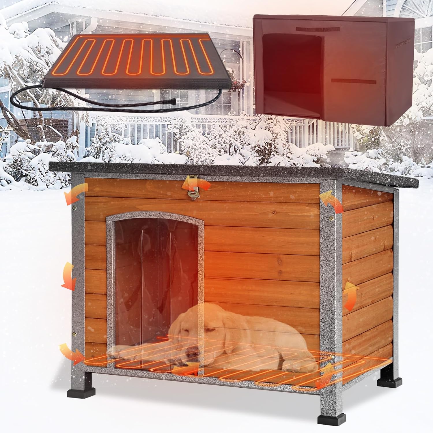 GUTINNEEN 35.5'' Heated Dog House Outdoor or Indoor, Insulated Dog Shelter Heating Pad for Winter, Unique Anti-Chewing Iron Fram, Weatherproof Dog Shelter for Small to Large Dogs (Brown)