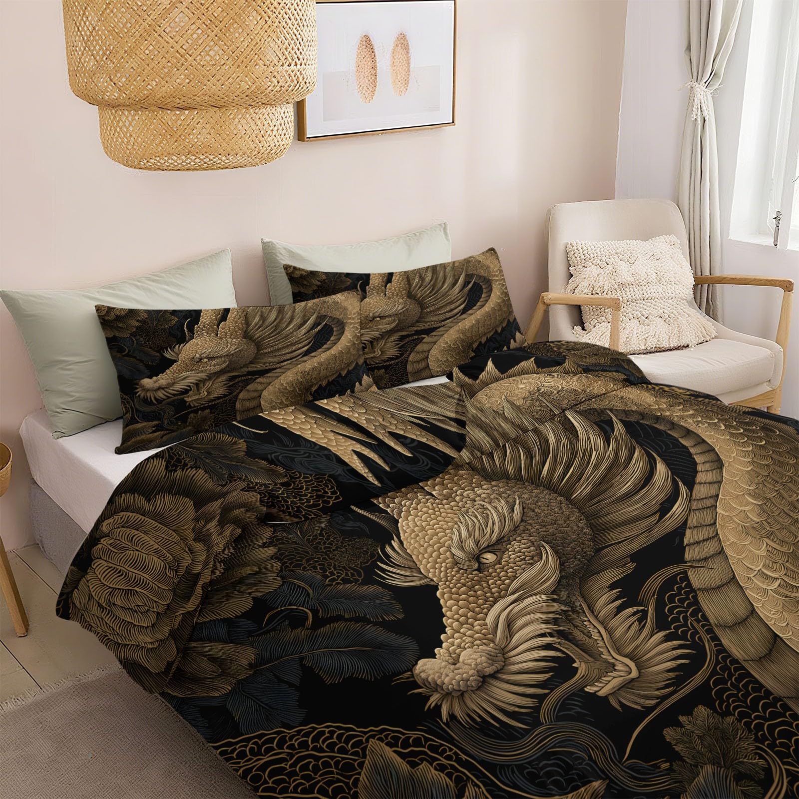Housse de couette 260x240 dragon chinois jaune avec ses deux taies d'oreiller 65x65 cm