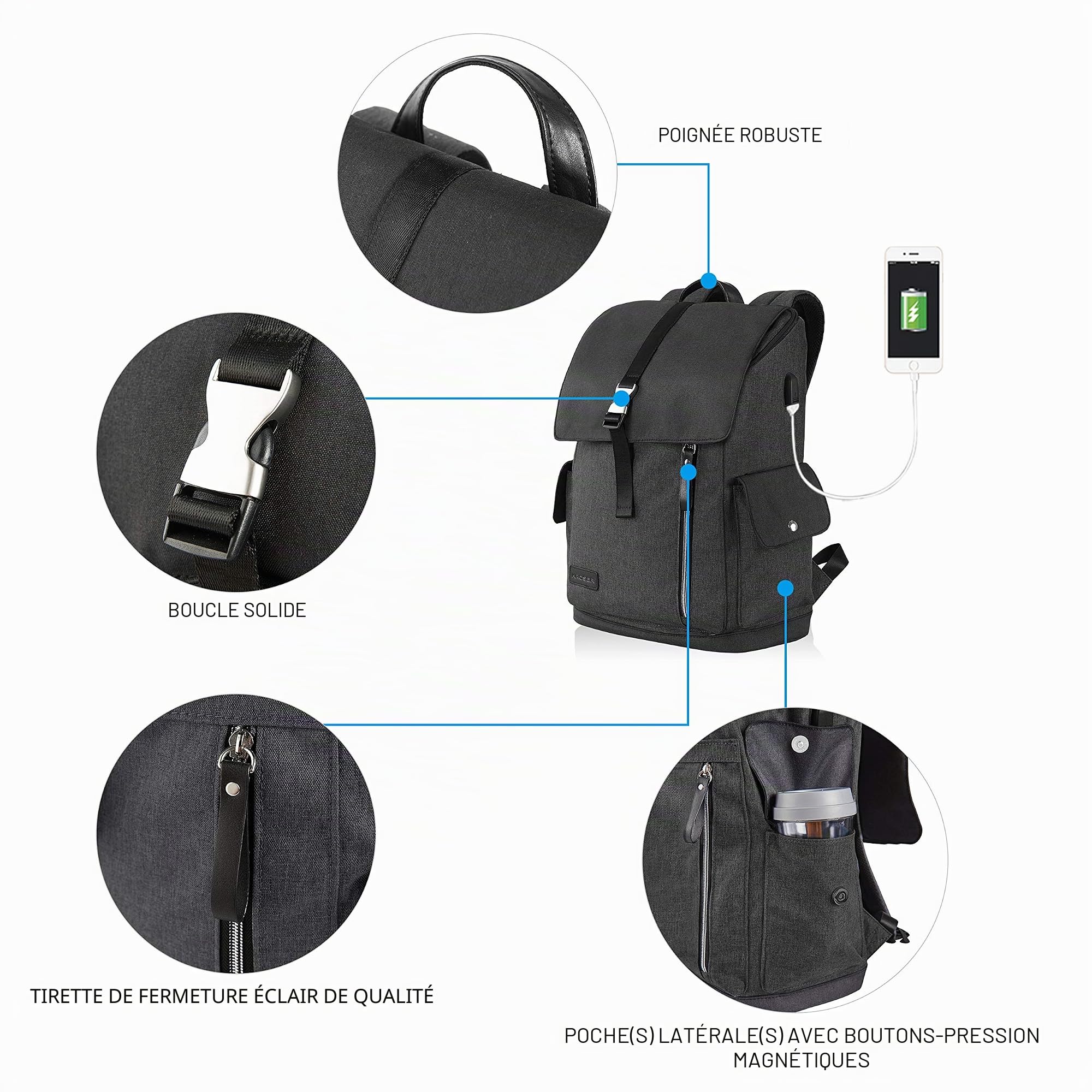 KROSER Sac à dos anti-vol hydrofuge avec port de chargement USB pour ordinateur portable pour mixte adulte