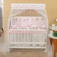 Kit Mini Berço Bailarina 13 Peças Protetor e Saia de Berço Rosa e Branco Estampa Delicada