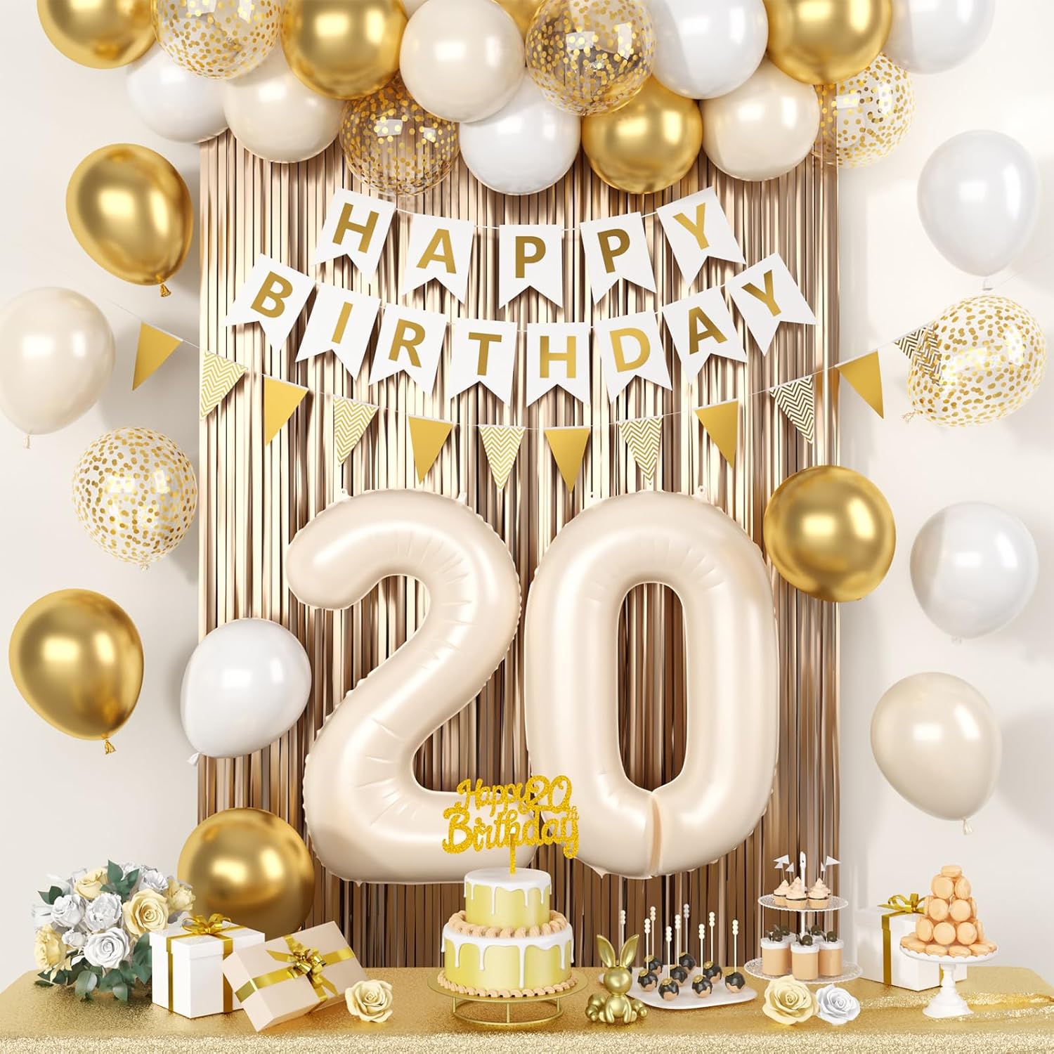 20th Birthday Decorations, Cream White Happy Birthday Party Decorations With Beige Number 20 Balloon Sand White Latex Helium Balloon Champagne Fringe Curtain Cake Topper Banner For 20th Party Supplies