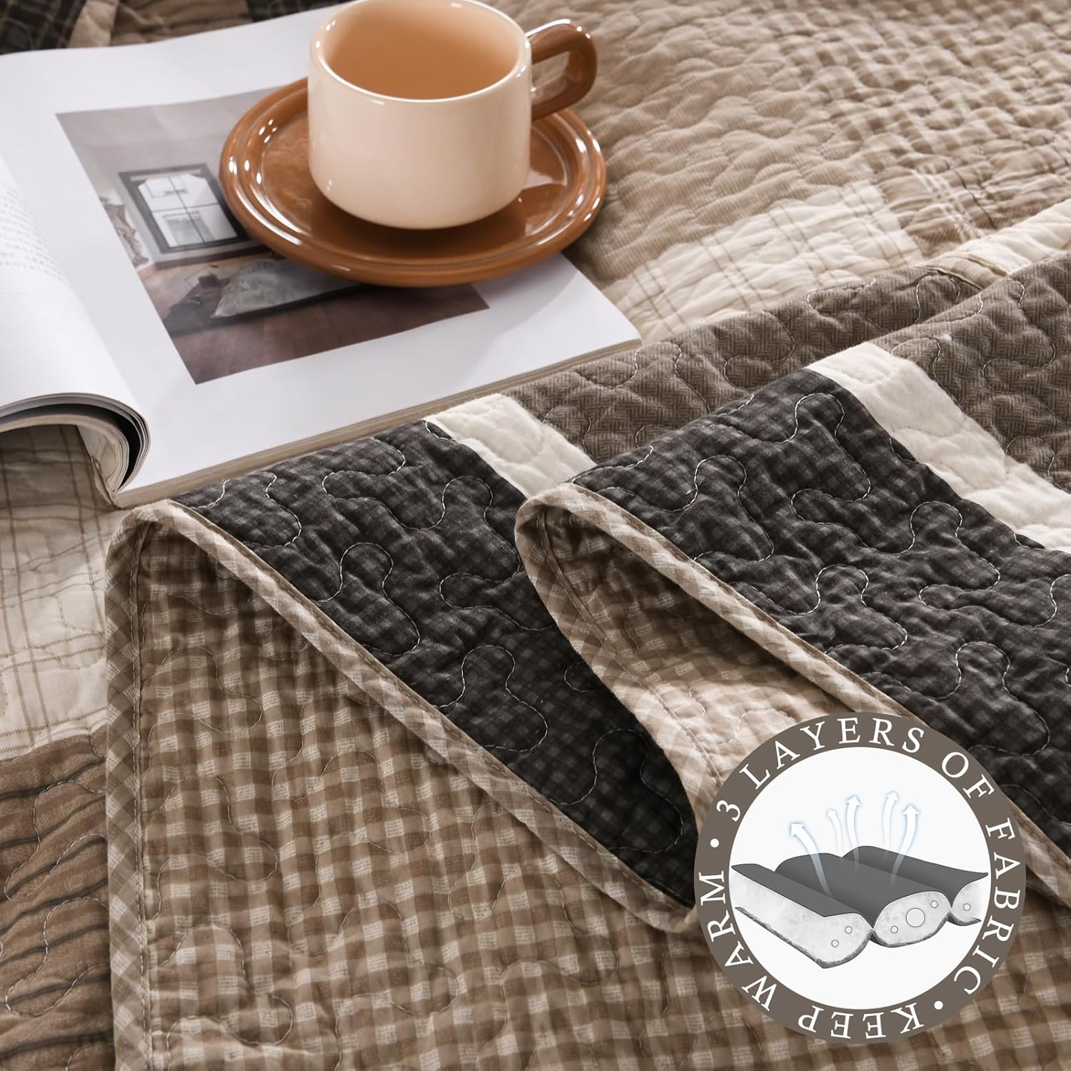 Oversized King Bedspread 128"x120" - 100% Cotton Lightweight California King Quilt with 2 Pillowshams, Farmhouse Plaid Extra Wide Quilted Bedding Bed Spreds Coverlet, Brown/Beige/Oatmeal