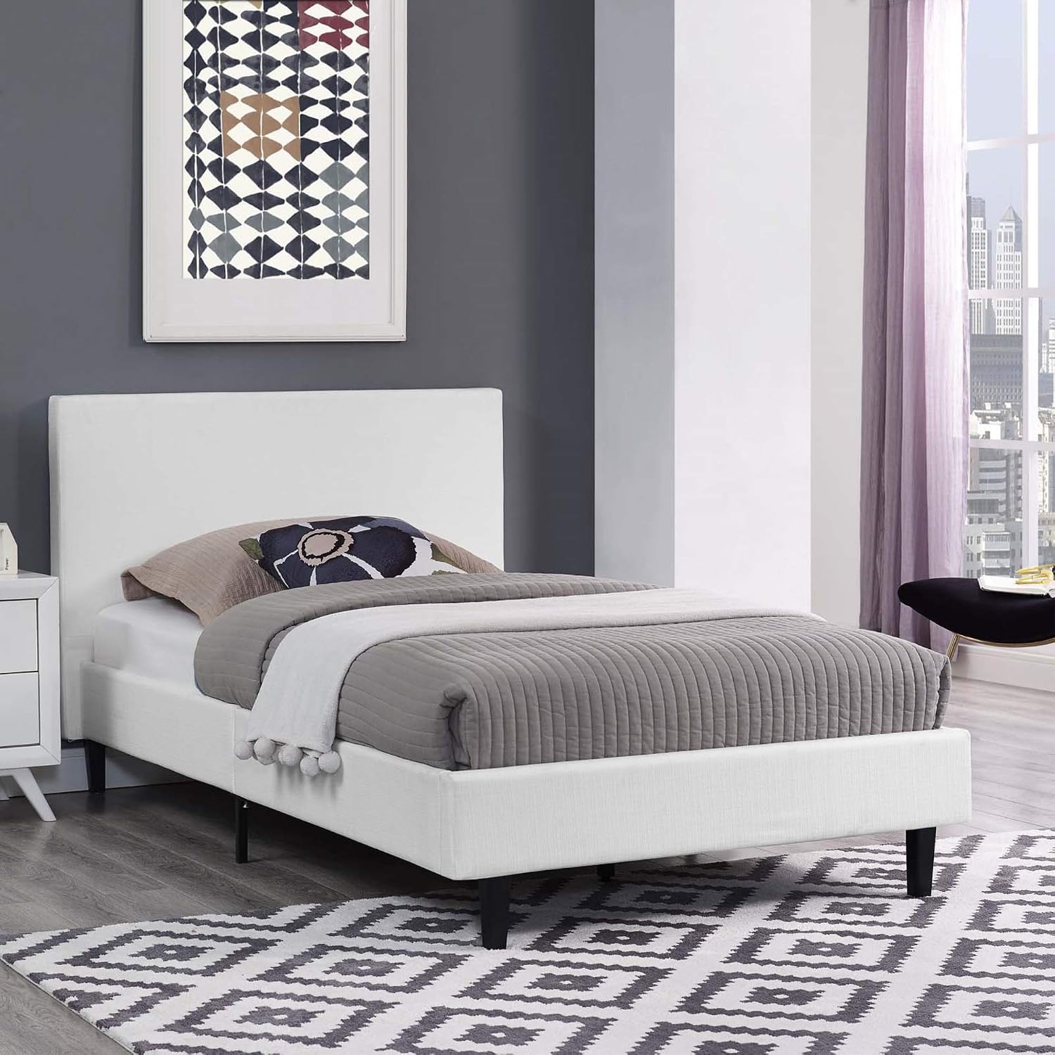 Ergode Anya Platform Bed | Avant-Garde Design | Upholstered Headboard | Solid Wood Legs | Slatted Support System | Twin Size | White