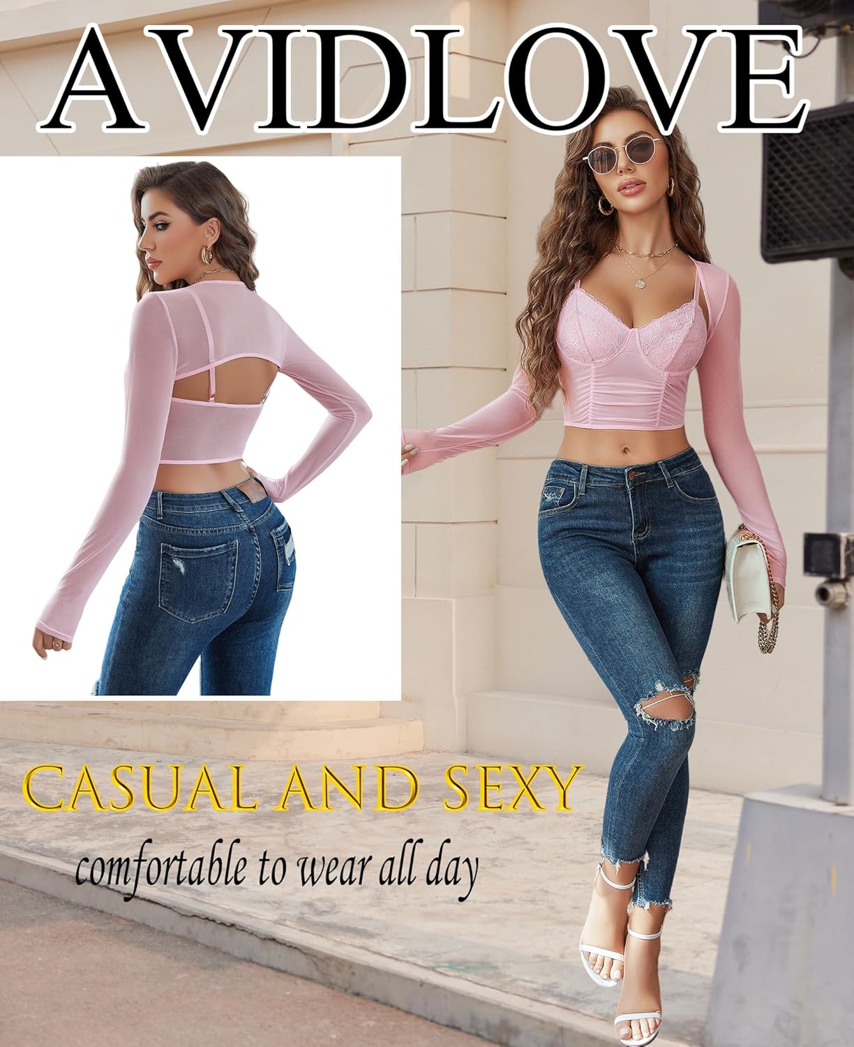 Avidlove Mesh Crop Top with Shrug Long Sleeve Sheer Top Sexy Low Cut Shirt Going Out 2 Pieces Clubwear - Image 5