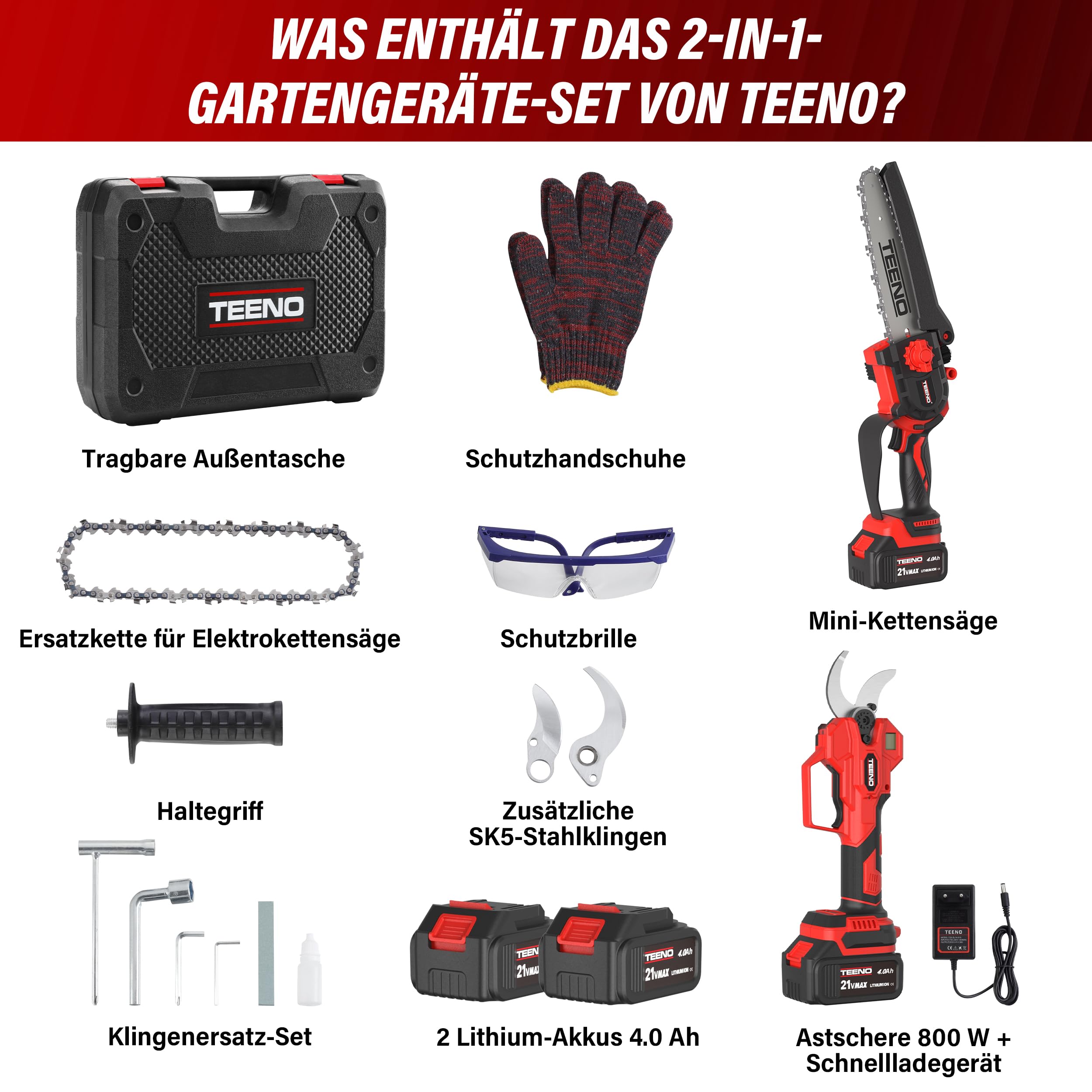 TEENO 2-in-1-Gartenwerkzeug-Set: Mini-Kettensäge mit Akku 6 Zoll + elektrische Gartenschere, kabellos, 0 – 40 mm, 2 x 4,0 Ah Batterien, Klingen aus SK5-Stahl für Schneiden von Stämmen und Ästen