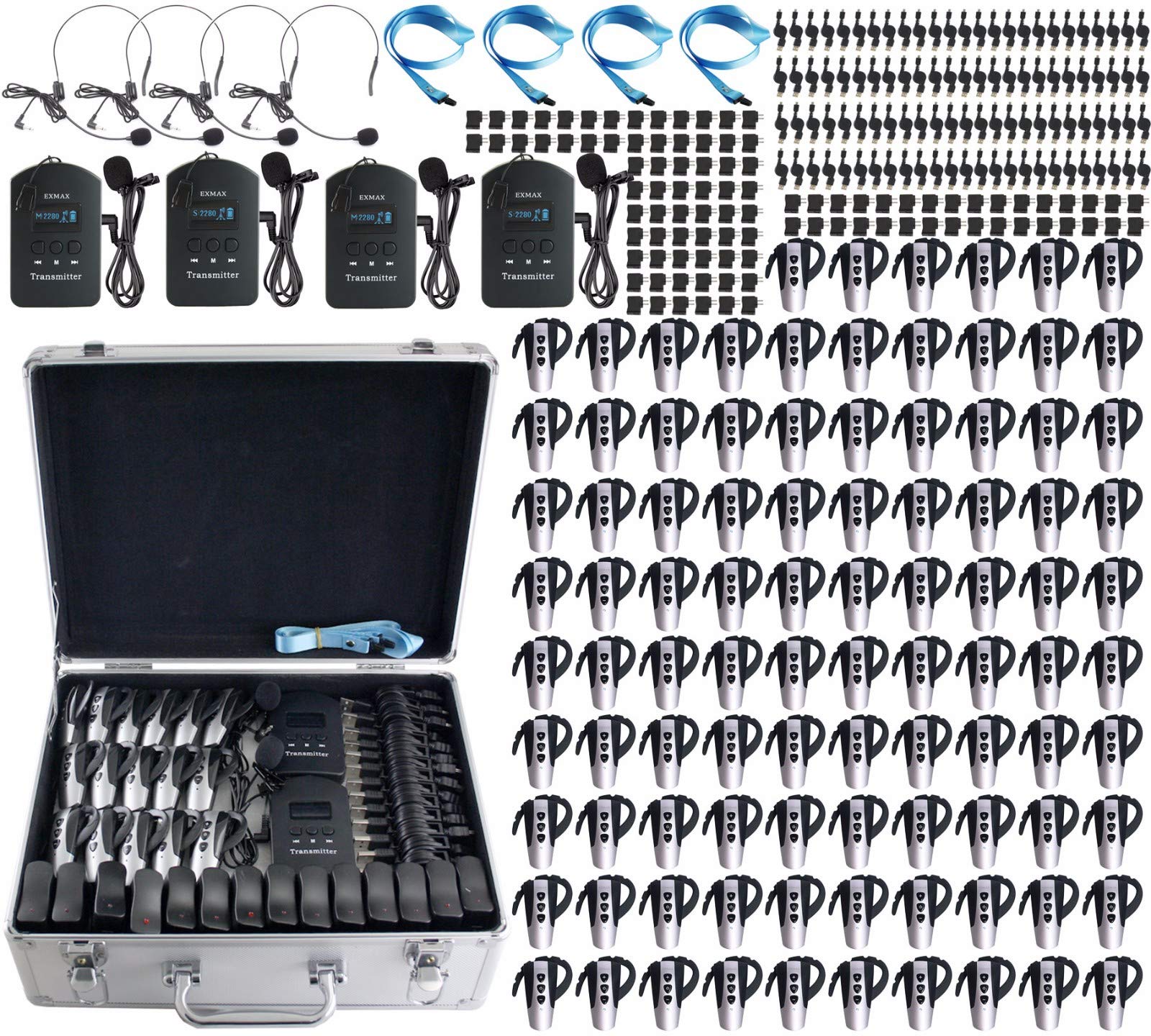 EXMAX EXD-6824 2.4G Wireless Tour Guide System Up to 100-150 Meters(328-492 ft) Transmission Range,Widely used for Training Institutes,Conference-4 Transmitters & 96 Receivers + Silver Case