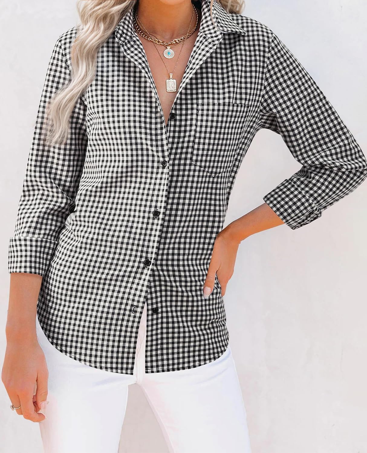siliteelon Plaid Shirts for Women Gingham Top Button Down Long Sleeve Dress Shirts Cotton Casual Fitted Work Collared Blouse - Image 3
