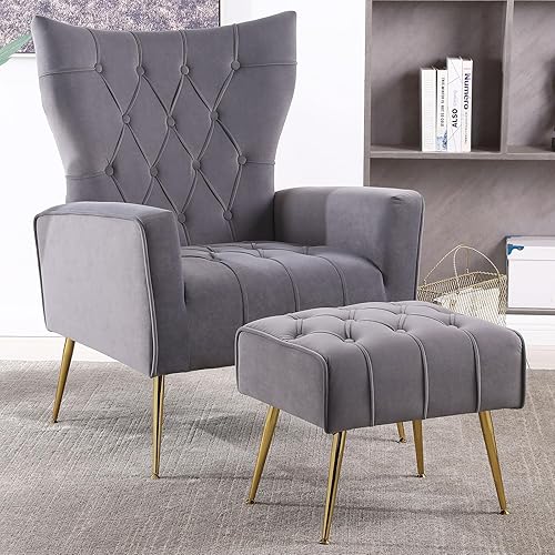 Miniatura 1 de ODUWA Silla decorativa de terciopelo con otomana, sillas decorativas modernas con reposabrazos y respaldo, silla capitoné con botones, sillón