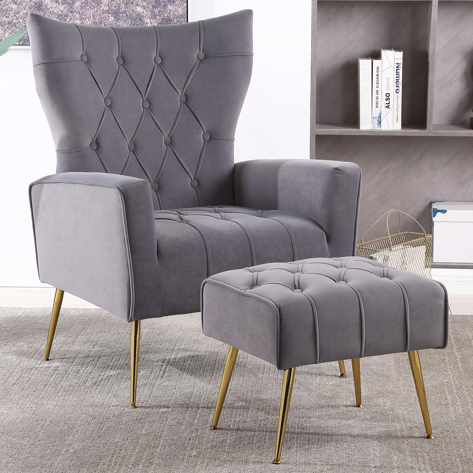 ODUWA Velvet Accent Chair with Ottoman,Modern Accent Chairs with Armrests and Backrest,Button Tufted Chair,Single Recliner Armchair with Ottoman for Living Room Bedroom Office