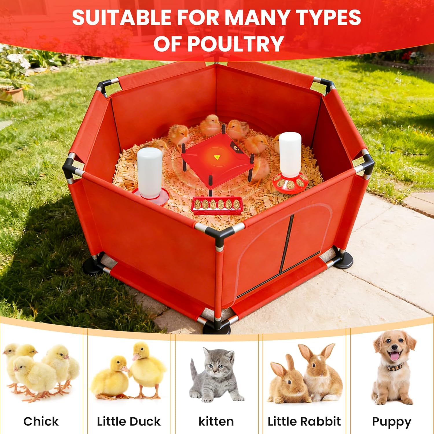 Brooder Box for Chicks, 8-in-1 Chick Heat Plate Starter Kit, Baby Chicken Brooder Pen with Feeder, Waterer, Perch & Bedding, Indoor Poultry Setup (Red)